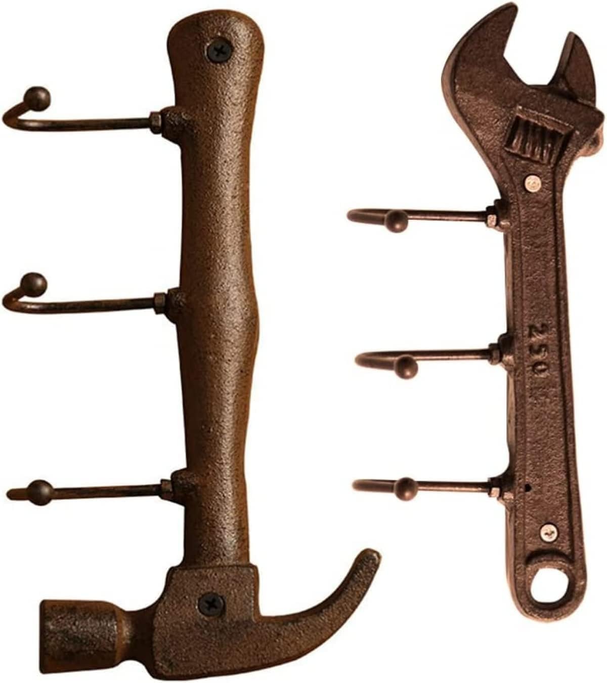 VERENIX Wrench and Hammer Cast Iron Coat Hooks Wall Mounted Workshop Signs for Men Metal Office Tools Garage Rustic Retro Vintage Keys Rack Car Man Cave Home Decoration (Hammer and Wrench)