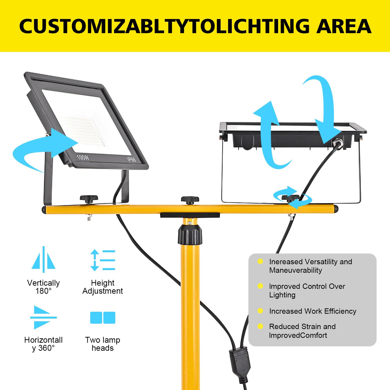 Faretto da Cantiere com Treppiede Telescopico 200W, 20000LM 6500K Faro LED da Cantiere Portatile, 6500K Faretto da Cantiere con Cavo 3m, Rotazione 360°, IP66 Impermeabile Lampada da Lavoro