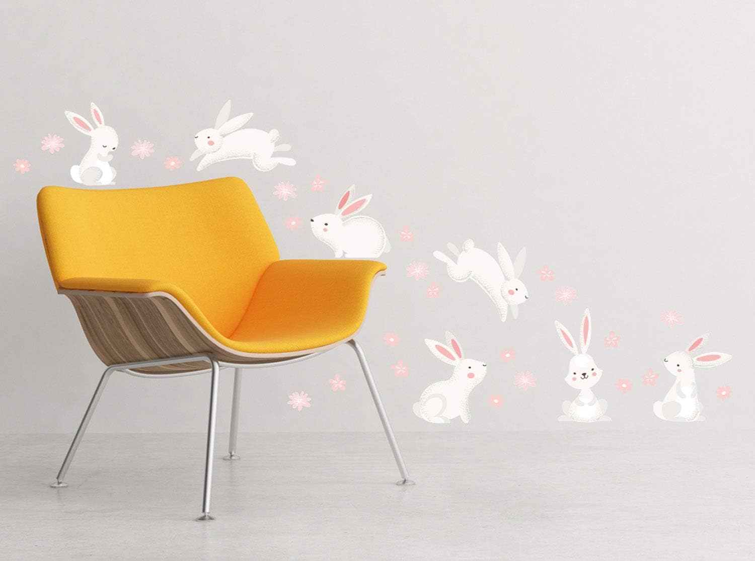 Cute Bunny Rabbits and Flowers Removable Fabric Wall Stickers (Set of 7 Bunnies and 24 Flowers, Multicolor)