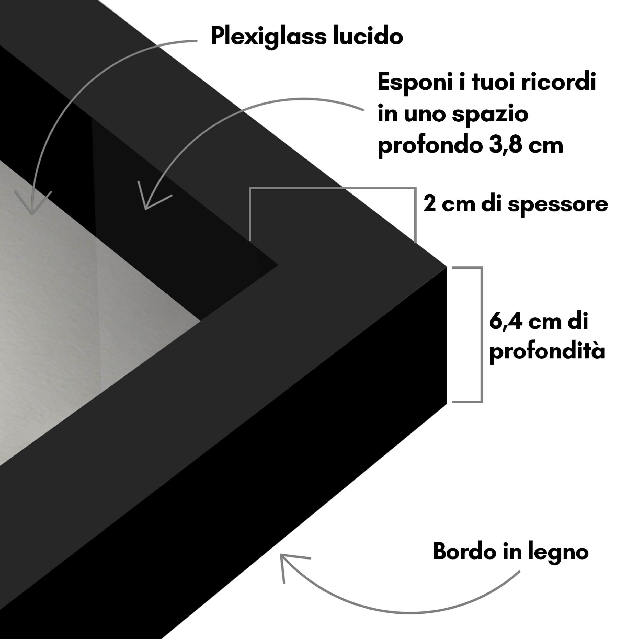 Americanflat Cornice 3D Profonda con Vetro Trasparente da 20x20 cm - Set da 2 - Cornice Profonda Nera per Oggetti con Retro in Lino e in Legno Composito da Parete e da Tavolo