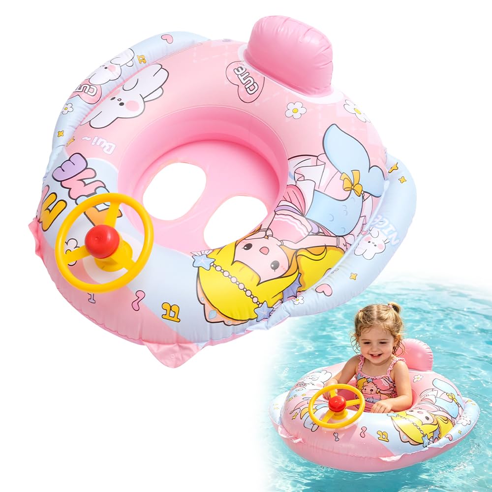 Baby Swimming Float, Baby Pool Float with Safety Bottom Support and steering wheel, Inflatable Baby Swimming Ring, Inflatable Baby Pool Float for Toddlers Kids 1-5 Years and Swim Training, Pink