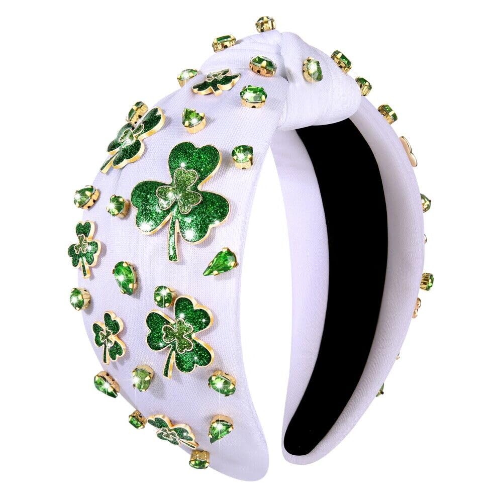 YAHPERN St. Patrick’s Day Headband for Women Good Luck Shamrock Knotted Headband Green Crystal Wide Top Knot Headbands Lucky Irish Holiday St. Patrick’s Day Hair Accessories Party Gifts (Shamrock 2)