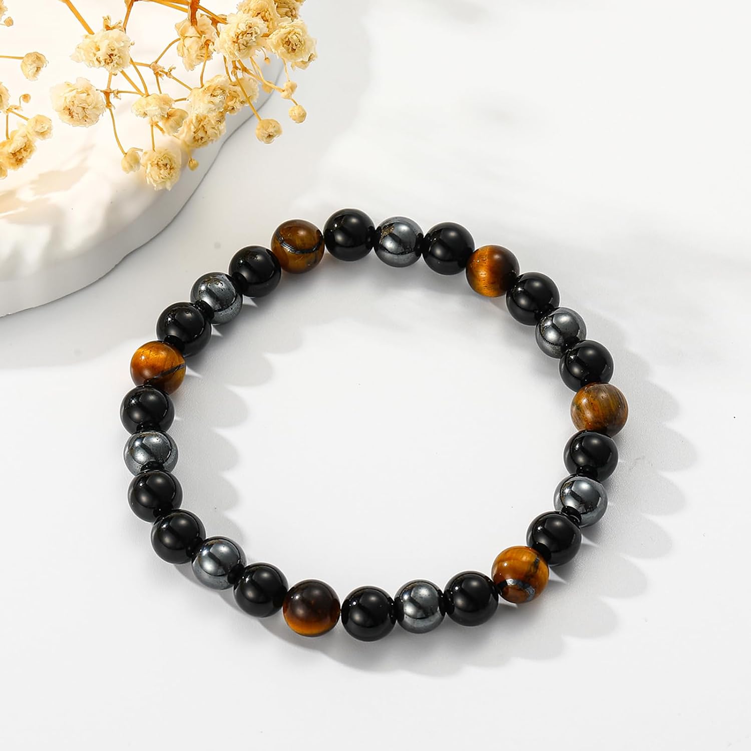 Gnamy Healing Crystal Beaded Bracelet for Women, Natural Stone Bracelet Triple Protection Stress Relief Beads Jewelry Birthday Gifts Jewelry for Her