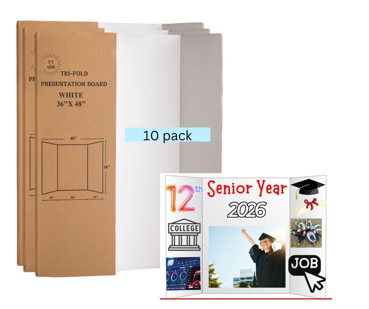 PJ Goods 10 Pcs White Folding Tri Fold Poster Board 91cmx121 (36" x 48) for Science Fair Presentation Displays, School Projects, Business Displays, 4H, Sports, Graduations, Foldable and easy to carry.
