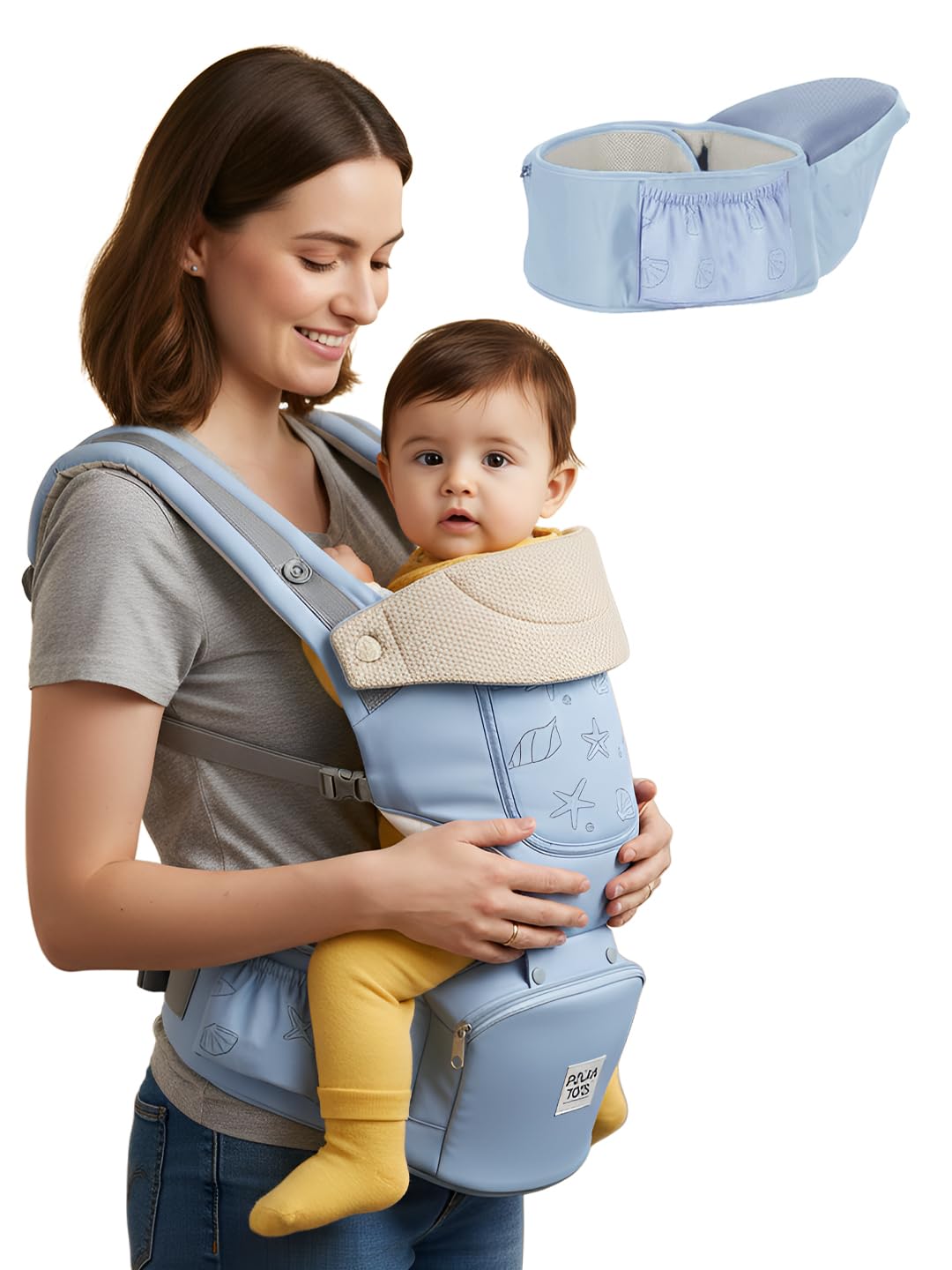 POLKA TOTS Removable Hip Seat + Baby Carrier with 6 Carry Positions Carrier & M-Position Hip Seat, Ergonomic Kangaroo Carry Bag for 0 to 3 Years or Up to 20 kgs with Adjustable Waistbelt up to 45 Inches (Shell Blue)