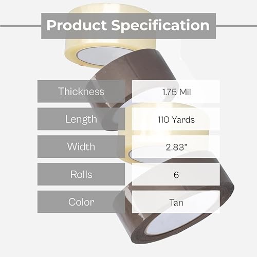 Miniatura 2 de Cinta de embalaje, rollo de cinta de envío, marrón tostado, 3 pulgadas x 110 yardas, paquete de 6 rollos