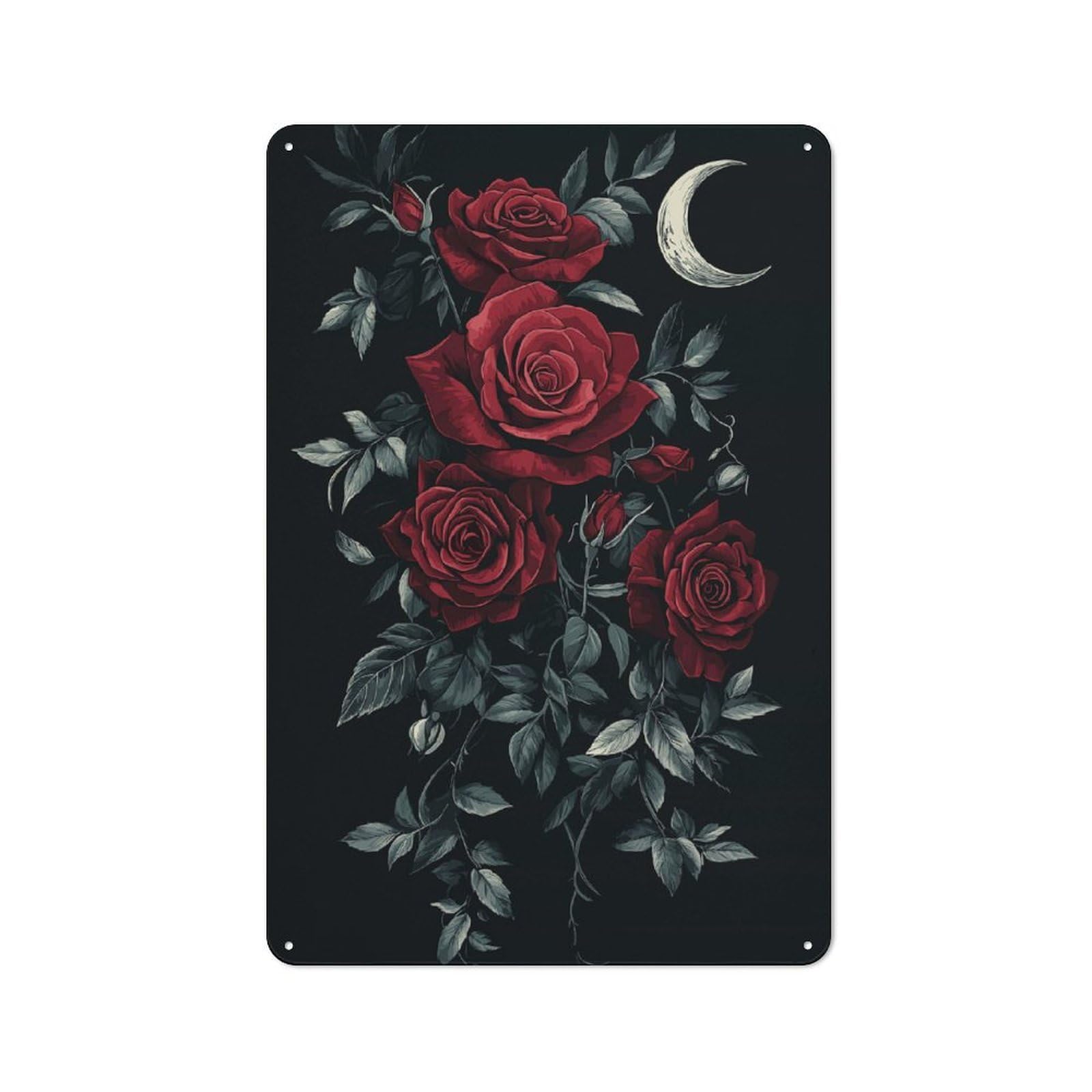 Junmoney Dark Roses And Moon Retro Tin Wall Plaque 30X20cm For Dining Room Or Kitchen, For Home Decor Collectors