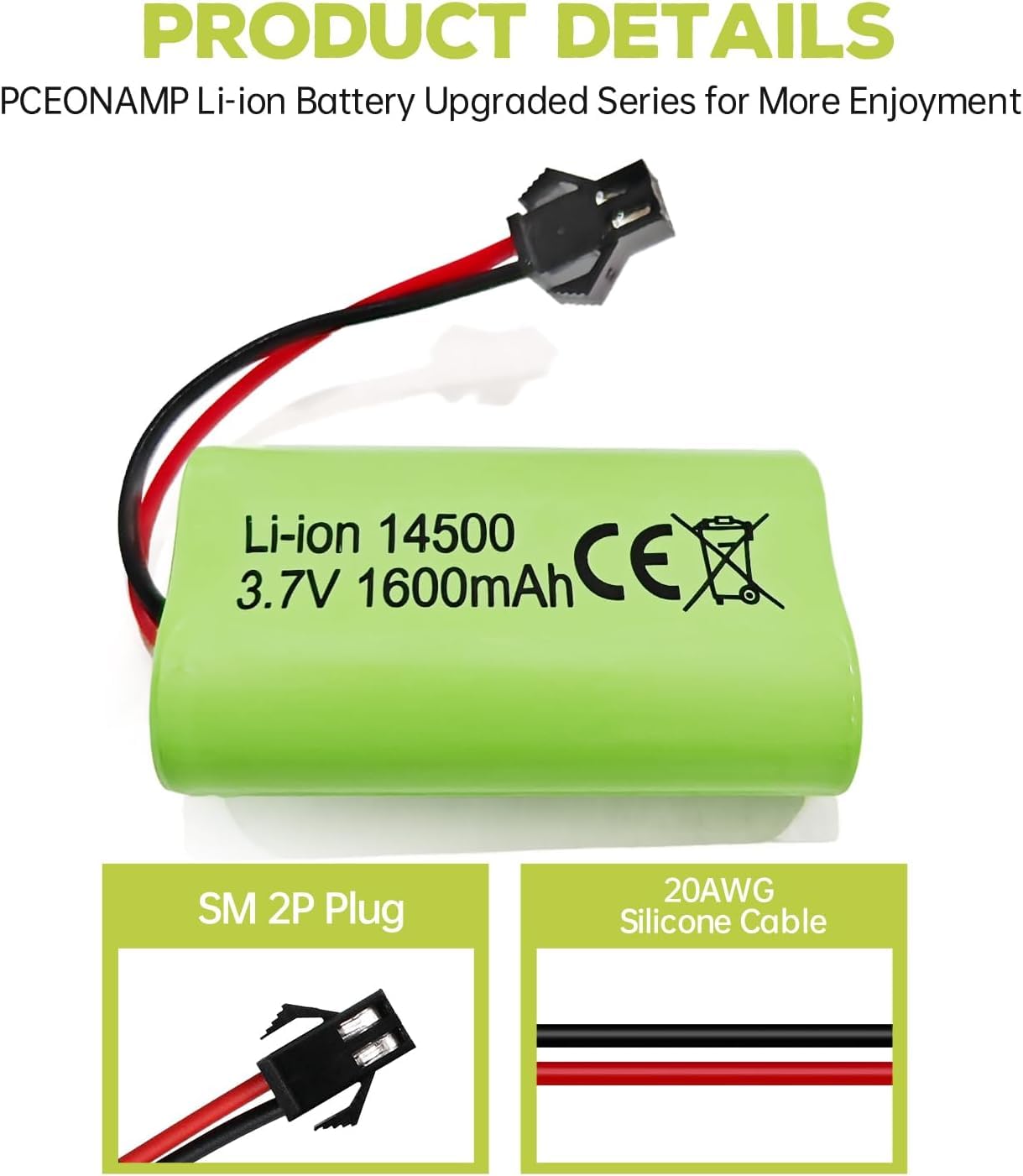 YUNIQUE GREEN-CLEAN-POWER Akumulator litowo-jonowy 3,7 V 1600 mAh ze złączem SM-2P + kabel USB - kompatybilny z samochodami RC 9962 8837 i samochodami inżynieryjnymi
