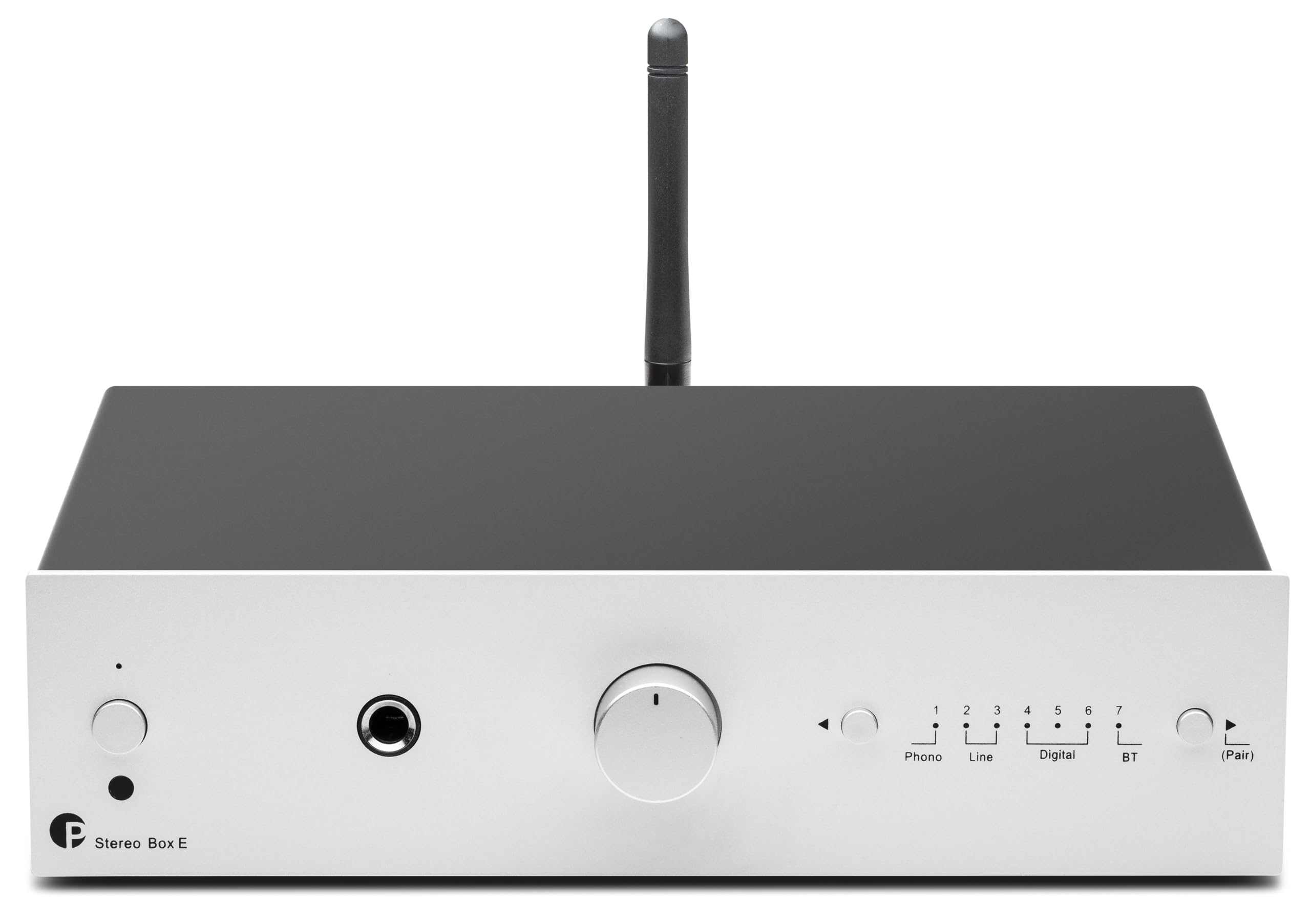 Pro-Ject Stereo Box E, amplificatore stereo integrato compatto Hi-Fi con BT 5.0, uscita subwoofer, 2 ottici, 1 x coassiale SPDIF In, 2 x 40 W (argento)