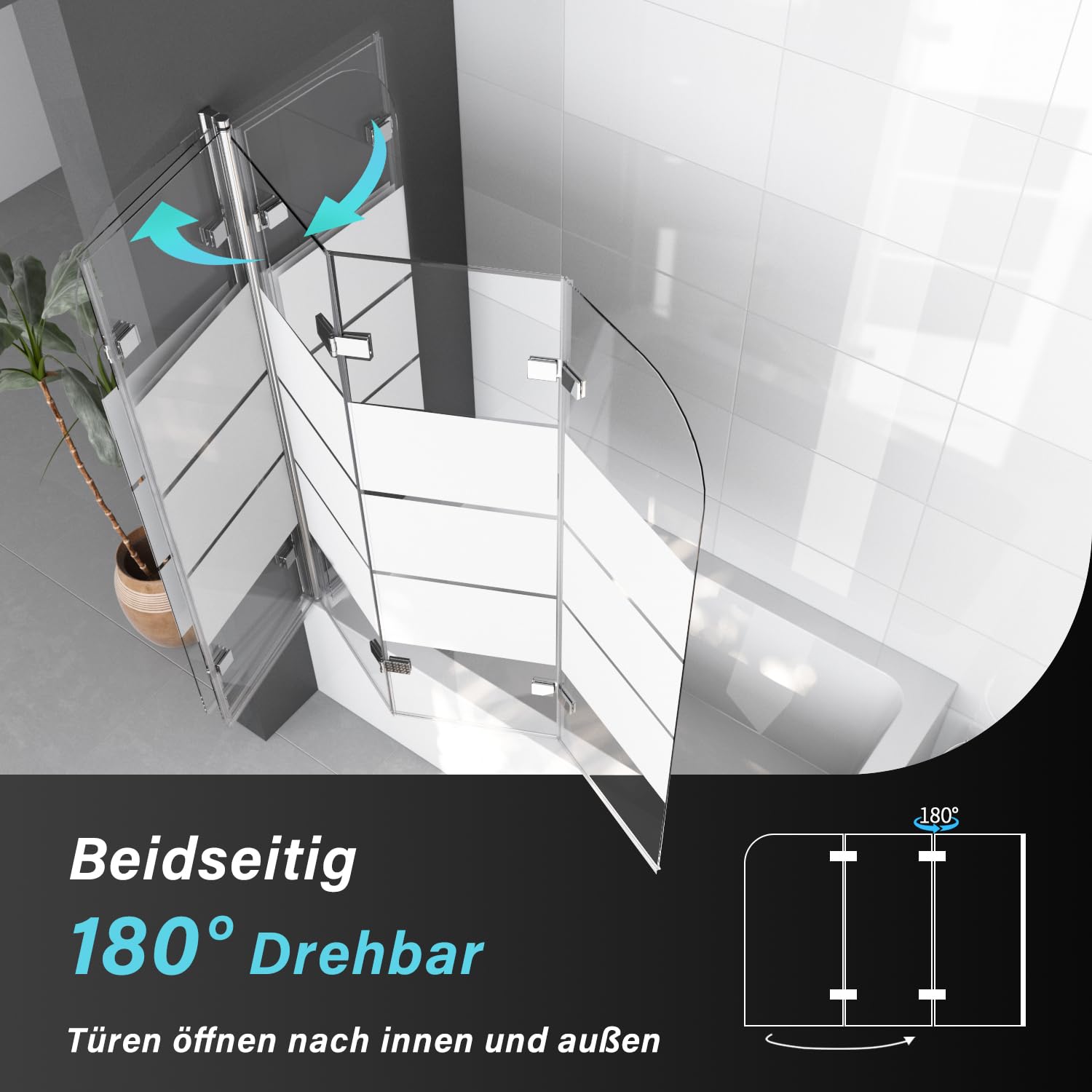 Duschwand für Badewanne 3-teilig Faltbar 130x140cm Badewannenaufsatz, Gestreift Glas Klappbar Duschwand Duschabtrennung für Badewanne aus 6mm Sicherheitsglas (ESG), Badewannenfaltwand