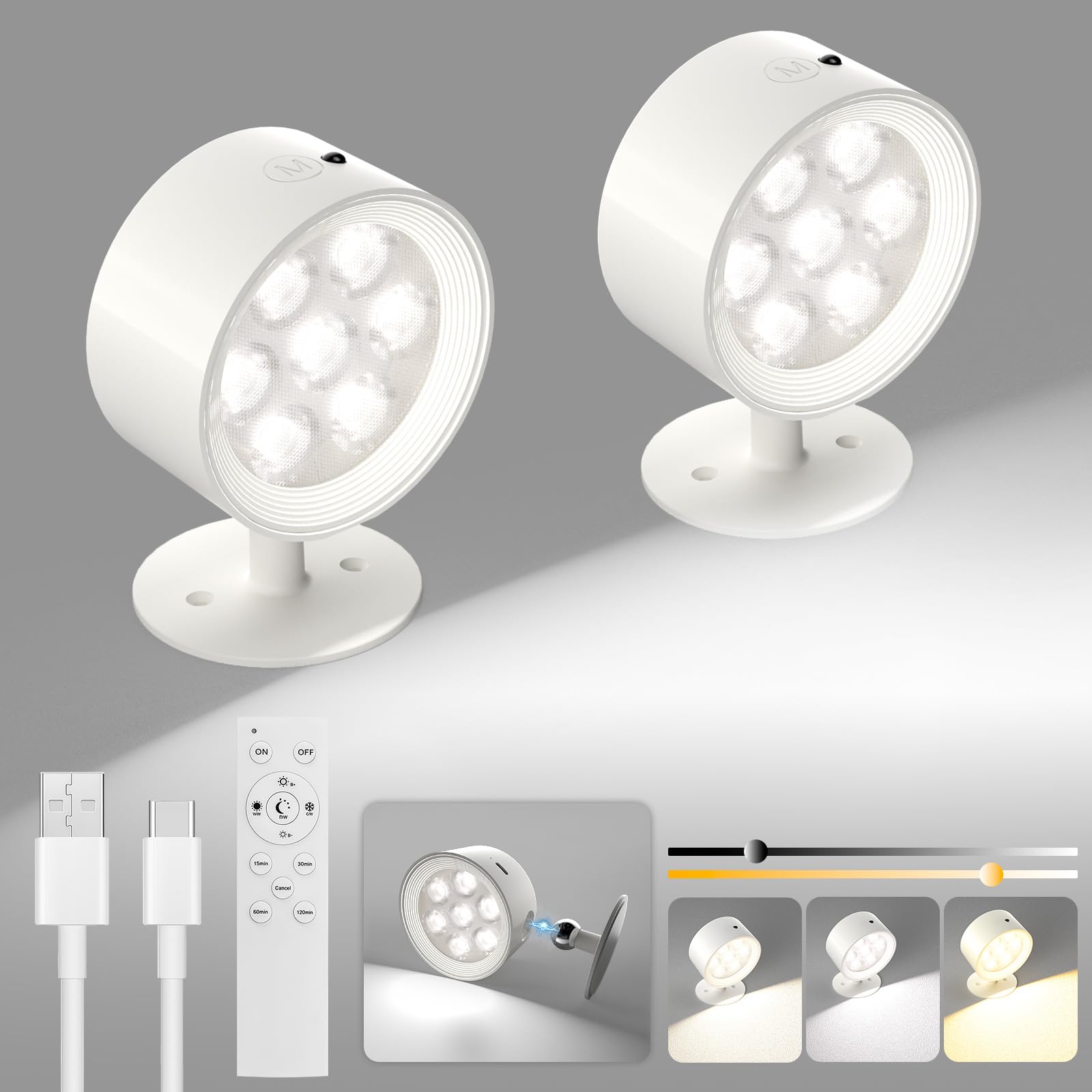 Lamparas Pared Sin Cable 2 Piezas, Aplique Pared Interior Inalámbricos Recargables con Control Remoto y Táctil, 3 Temperaturas Regulables Batería 4400mAh, Rotación Magnética 360° para Dormitorio