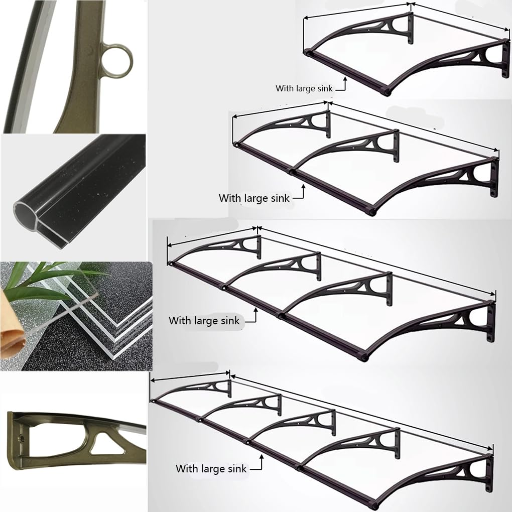 Tejadillo de protección Con guía de agua grande,Toldo Cubierta de Policarbonato cerceta en Jardín,Marquesina para Puertas y Ventanas con Soporte Aluminio Negro (60 x 300cm)