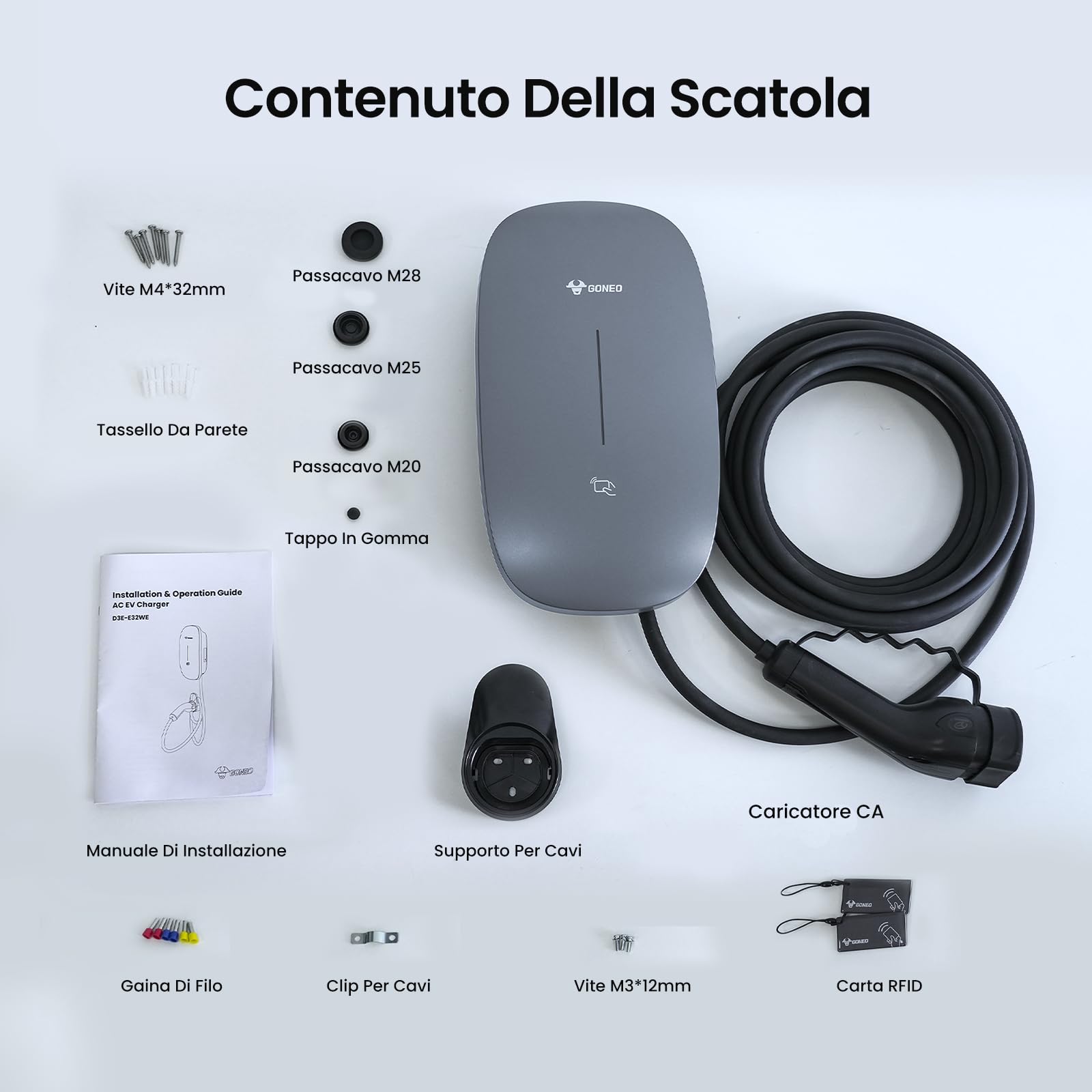 GONEO Wallbox 7kW Tipo 2 con App, Cavo Tipo 2 7M, RFID, Wallbox Monofase 32A 230V, RCD Tipo A 30mA AC + 6mA DC, IK10 IP65, per BEV/PHEV