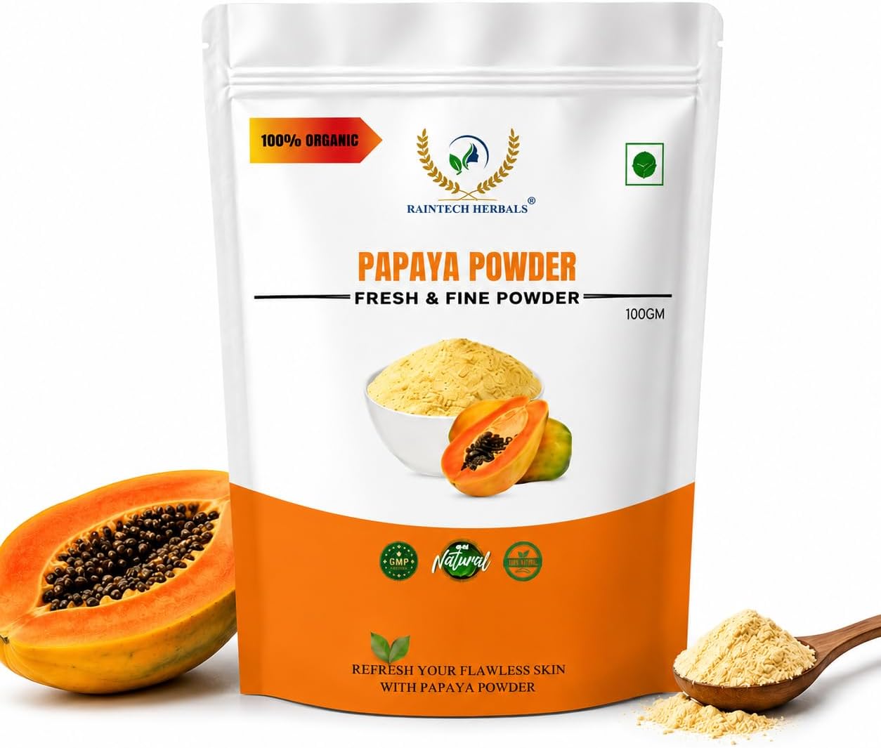 Raintech Herbals Pure Papaya Powder for Face & Skin | Natural Exfoliator & Brightening Face Pack | Rich in Papain Enzymes for Acne Control, Dark Spots & Pigmentation | 100% Natural |