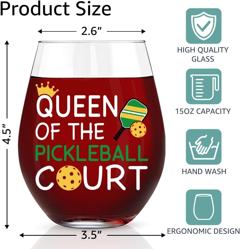 Queen of the Pickleball Court Funny Stemless Wine Glass - Gift for Mom, Grandma, Sister, Aunt, Wife - Birthday, Mother's Day for Friend, Colleague, Pickleball Lover - Image 2