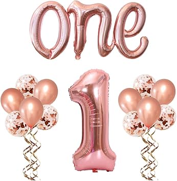 Rose Gold One Letter Balloon and 1 Balloon for First Birthday, Rose Gold Letter one Balloon 1 Large Balloons and Confetti Balloon, Great for 1st Birthday Balloons Decoration