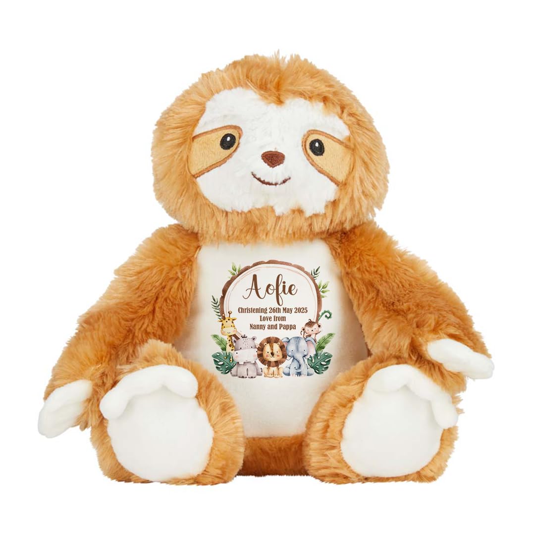 Hoolaroo Personalised Soft Toy Teddy Bear Jungle Design Baby Gift for Boy or Girl Newborn 1st Birthday Present 2nd 3rd 1 year old (Jungle Sloth, Small)