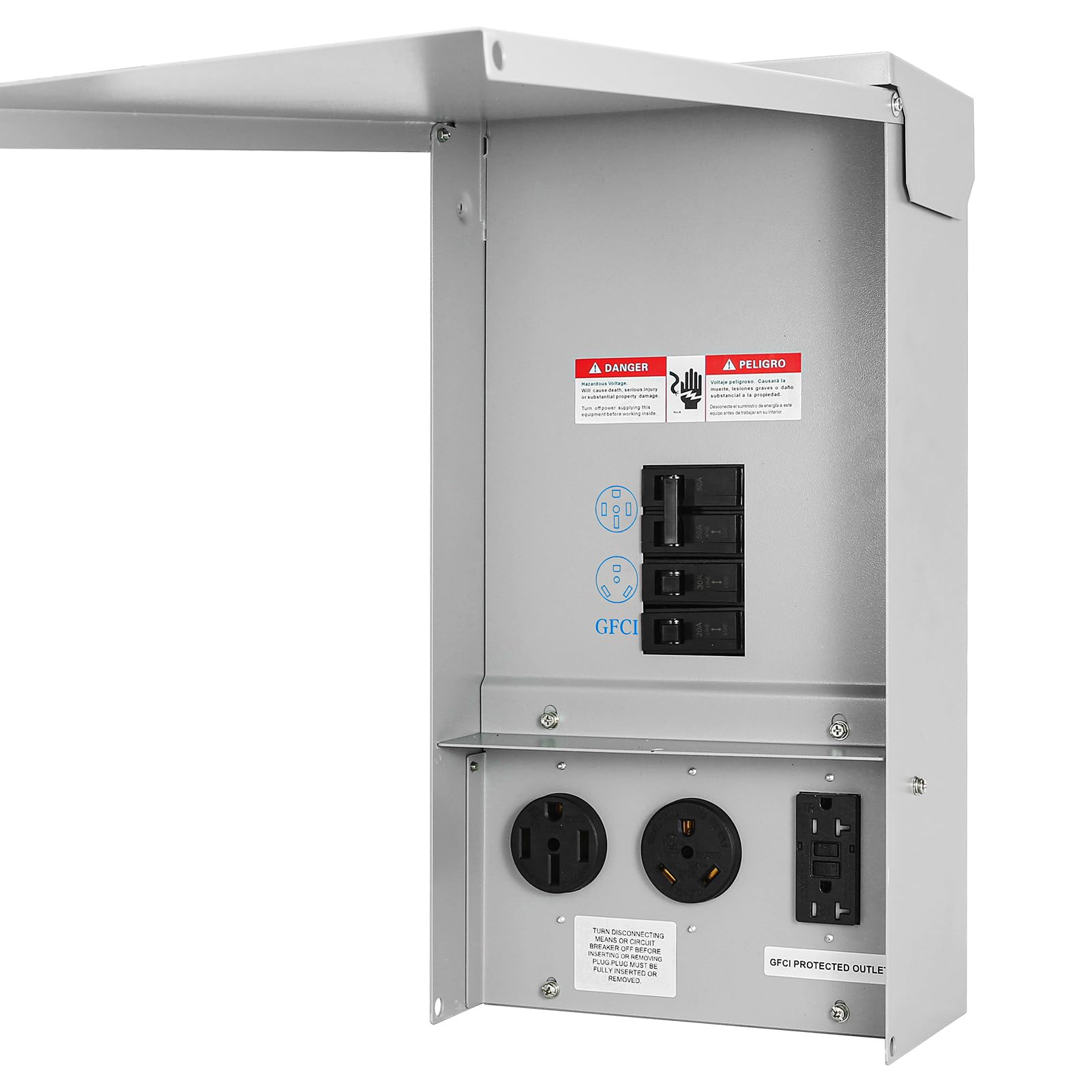 BOBUY Temporary Power Outlet Panel, RV Circuit Breaker Box with 20,30,50-Amp Receptacle Installed, RV Electrical Outlet Panel with Breaker, RV Power Outlet Box Weatherproof (50 amp+30 amp+GFCI 20 amp)