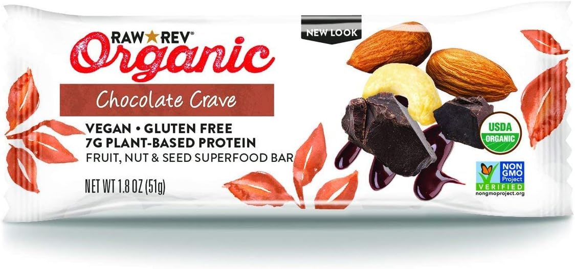 Raw Rev Organic Superfood Bar, Chocolate Crave, 1.8 Ounce Bar (Pack of 12) 7g Protein, 3g Fiber, Vegan, Raw, Organic, Plant-Based, Gluten-Free, Fruit, Nut, & Seed Bars
