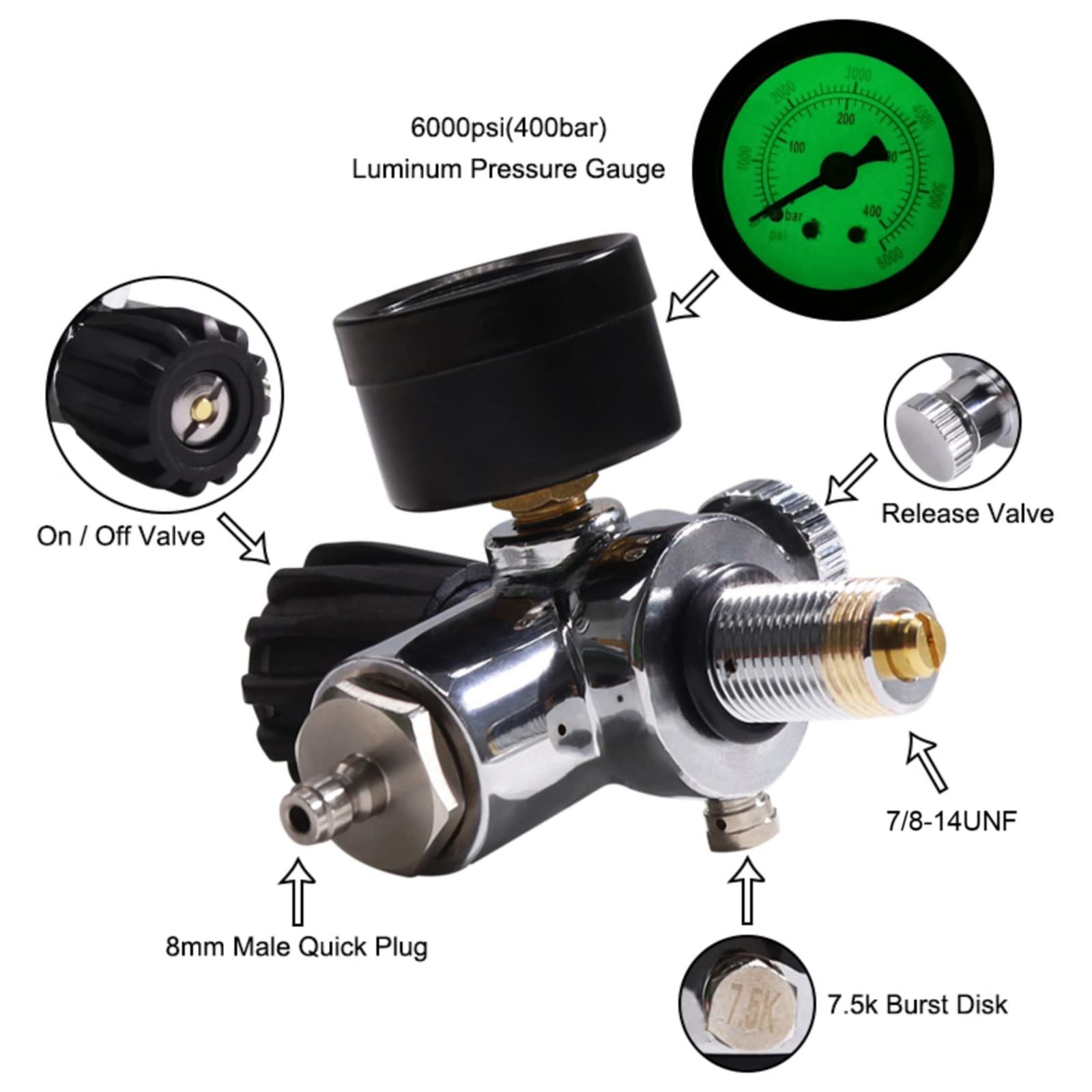 TUXING Station de remplissage PCP haute pression 4500PSI Paintball, jauge PSI, valve en acier inoxydable HPA CO2 réservoir DIN Système de charge (7/8-14UNF)