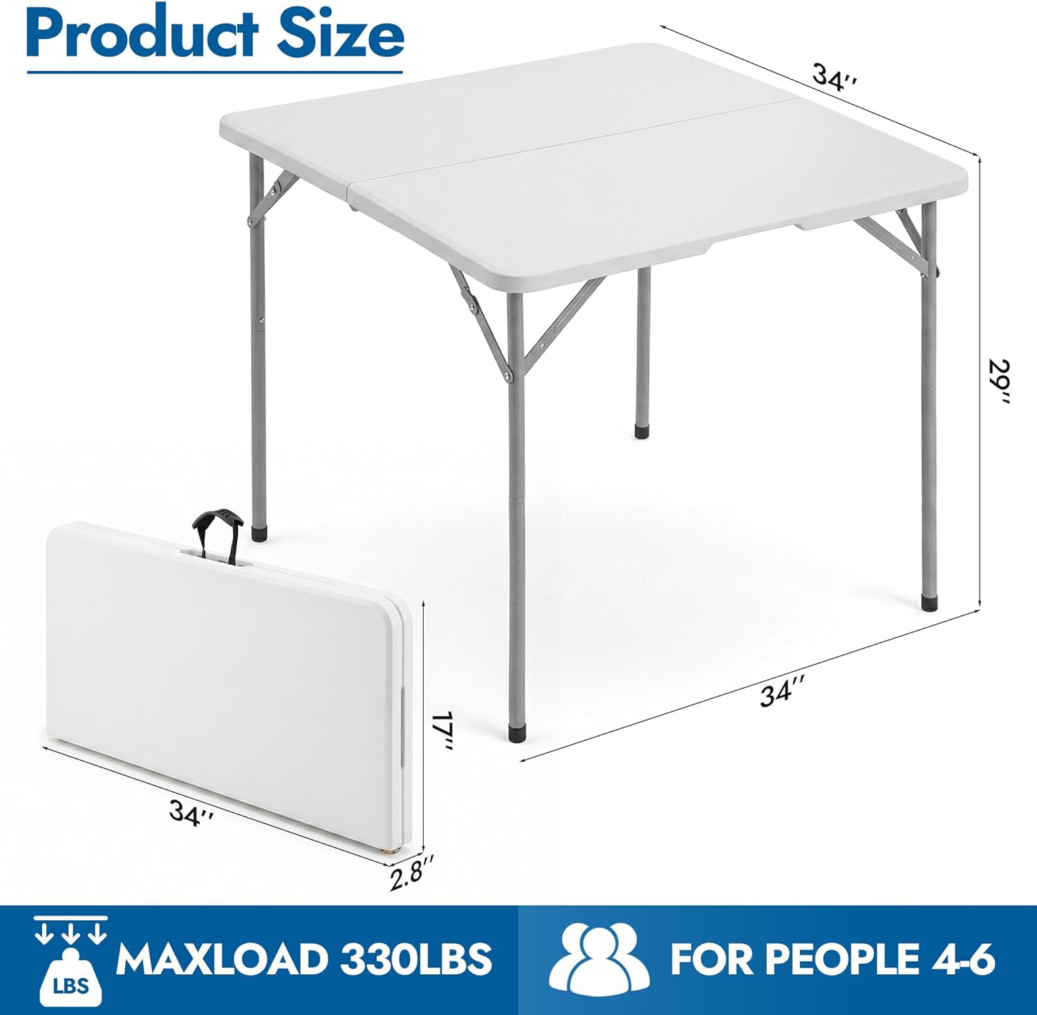 34" Square Folding Table, Plastic Portable Card Table with Handle, Heavy Duty Foldable Table for Game Puzzles Gathering Camping Party Kitchen Dining Indoor Outdoor Commercial, White, 1 Pack
