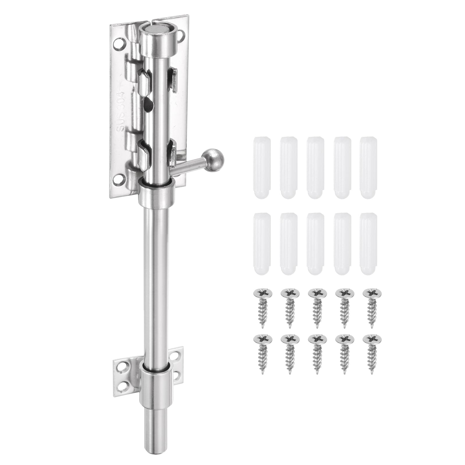 sourcing map 1-Pack Slide Bolt Latch, 8 in 304 Stainless Steel Barrel Bolt Latch Heavy Duty Door Latches Lock 14mm Dia Bar with Padlock Hole for Barn Wooden Fence Shed Door Garage [Silver]