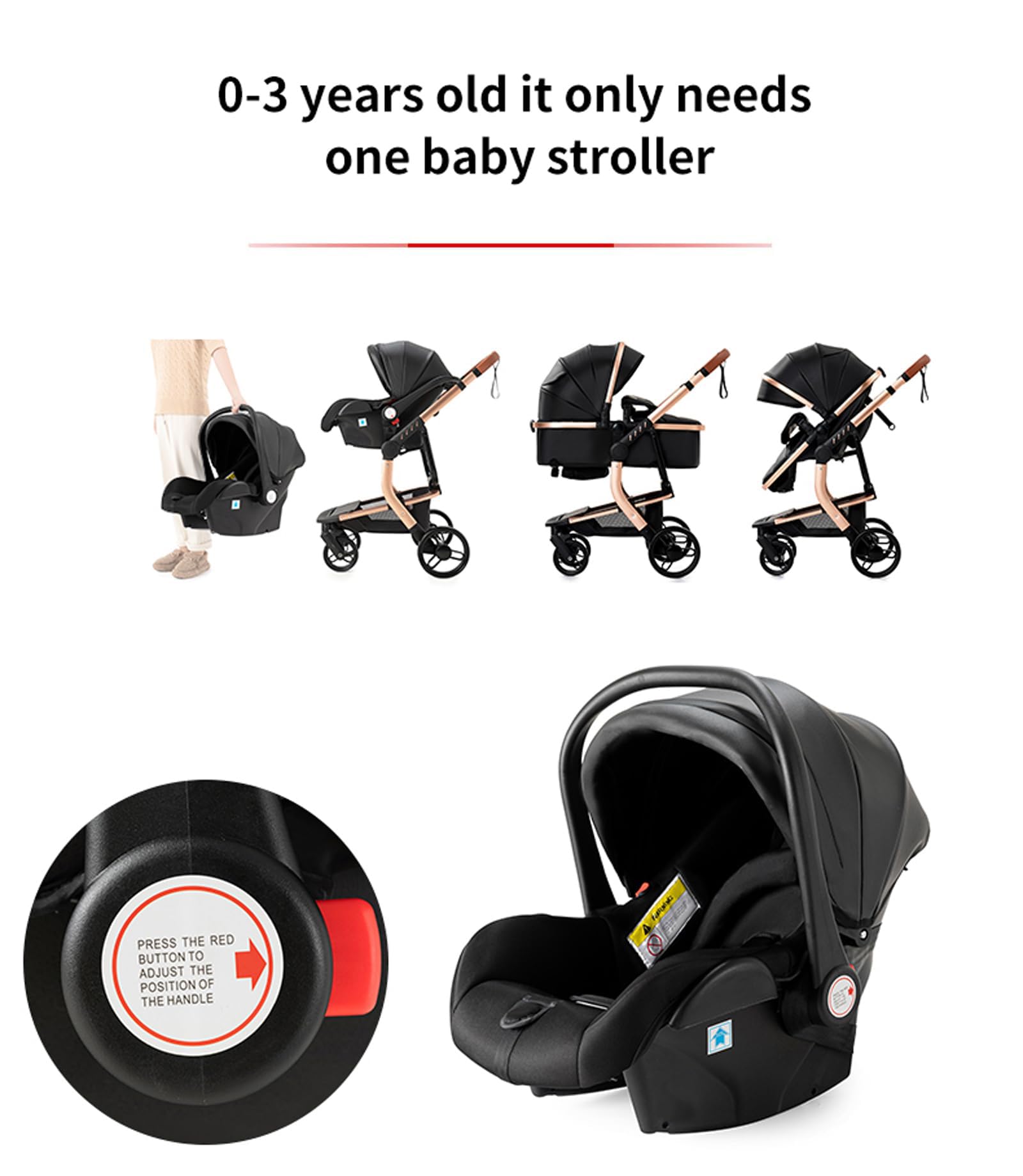 Nine point nine Pelle PU Trio Passeggino Neonati, Passeggino 3 in 1 con Doppia Modalità Spinta Reversibile, Carrozzina per Neonati con Grande Nacelle, Passeggino Trio Telaio in Alluminio (518 Black)