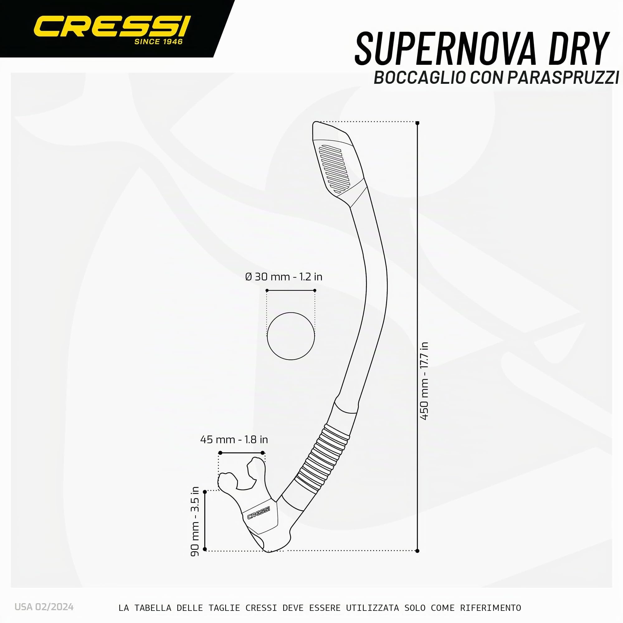 CRESSI Supernova Dry Snorkel con Valvola e Splash Guard per Snorkeling e Apnea, Boccaglio in Silicone con Valvola di Scarico e Aggancio Rapido