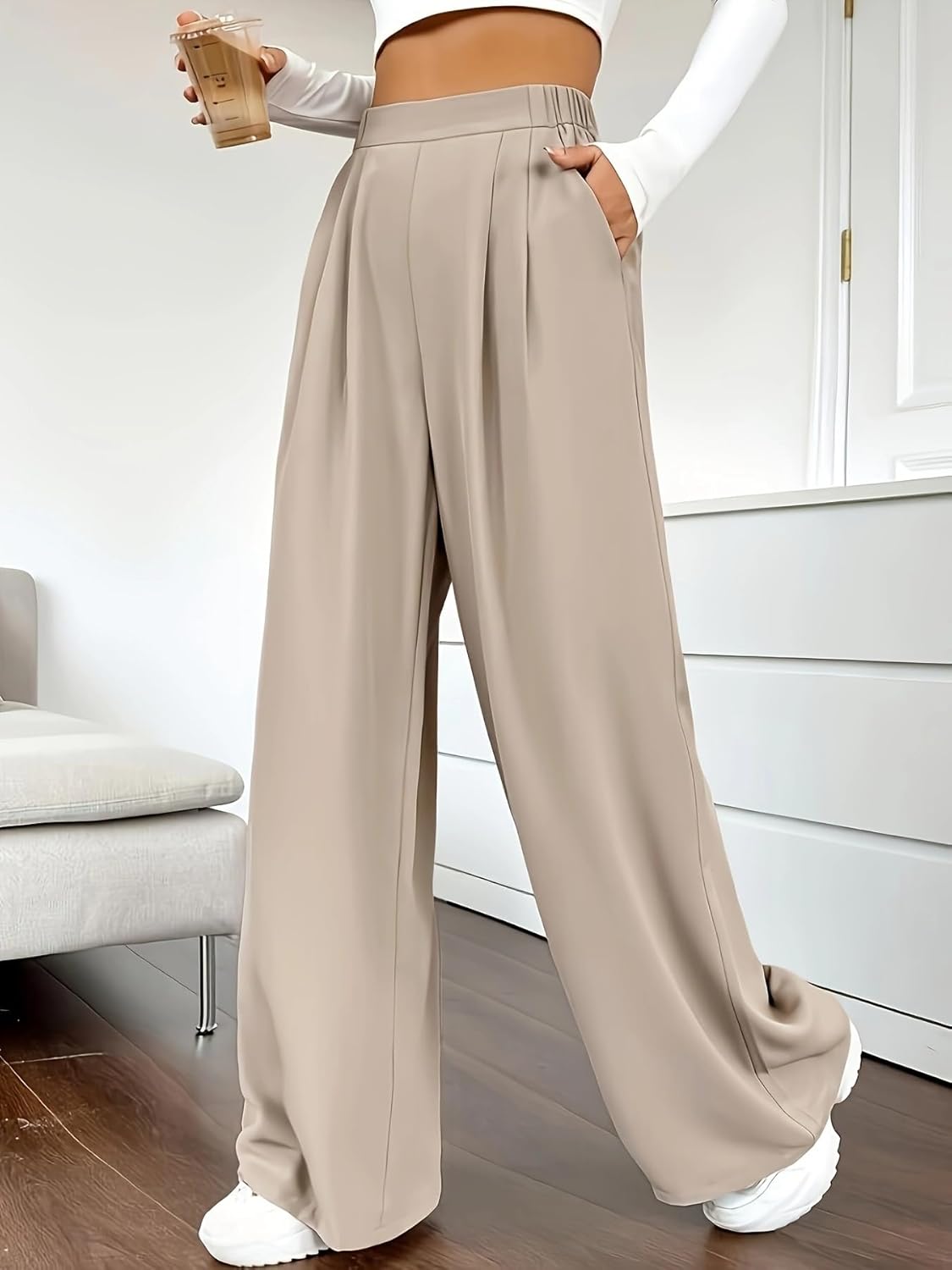 Women's High Waist Pleated Wide Leg Palazzo Pants Casual Loose Flowy Suit Trousers with Pockets Work Office Streetwear - Image 2
