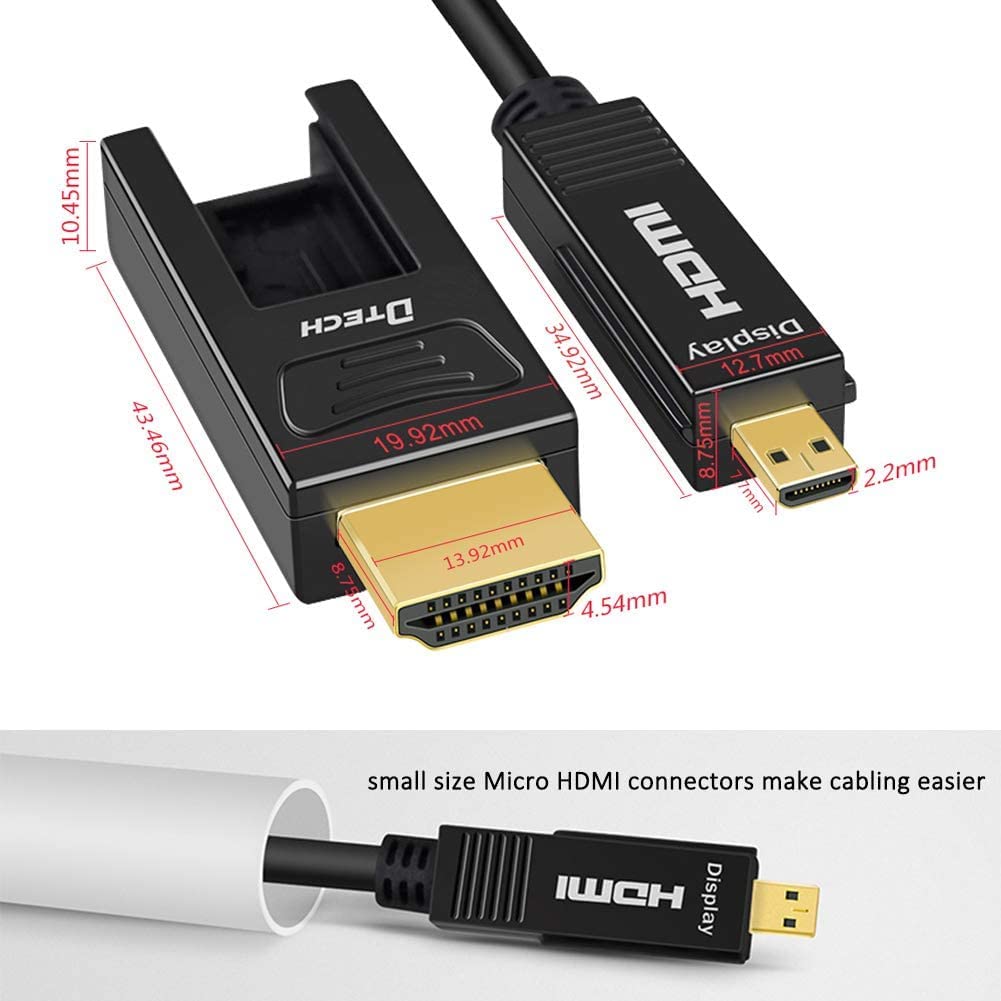 DTech Cavo HDMI in fibra di vetro da 200 piedi 4K 60Hz 444 422 420 Chroma Subsampling HDCP 2.2 18Gbps ad alta velocità con cavo rimovibile standard da HDMI a Micro HDMI per proiettore TV, computer
