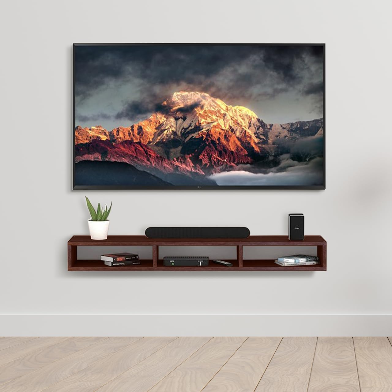 Floating Wall Mounted TV Unit Shelf for Living Room | MDF Entertainment Center | TV Console Stand with Open Storage for Set Top Box, WiFi Router & Gaming Console | Walnut Brown-image-35