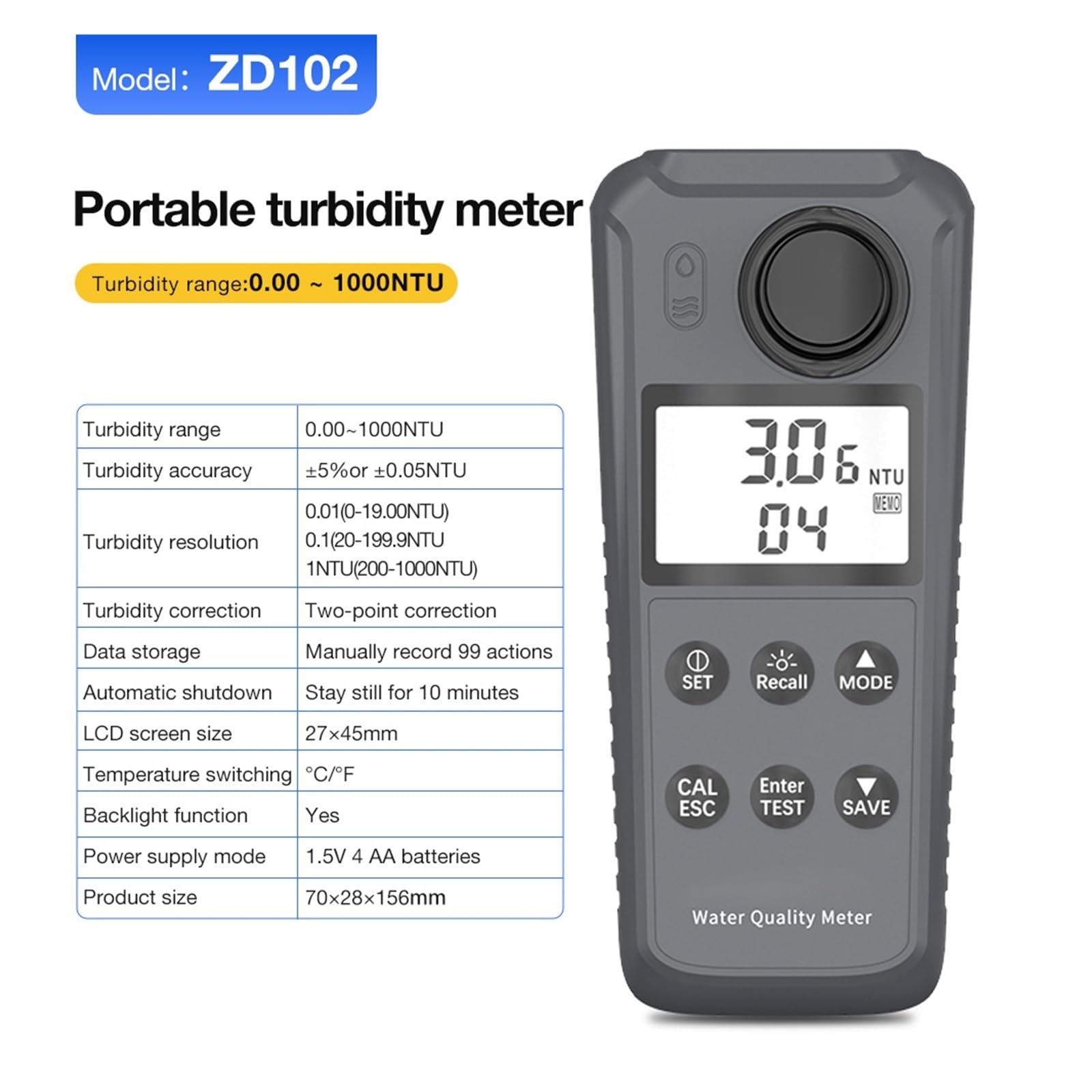 Cyfrowy Tester Jakości Wody PH860/ZD102 0-1000 NTU dla jasnego czytania