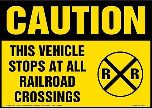 Precaución: Este vehículo se detiene en todos los cruces de ferrocarril, vinilo autoadhesivo permanente de 14 "x 10" con esquinas redondeadas,