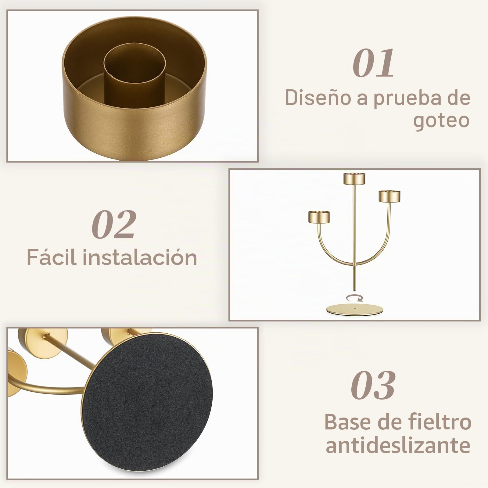 Sziqiqi Candelabro Oro: Centro de Mesa con 3 Brazos y Cristal Antiviento para Decoración de Navidad - Candelero Moderno para Exteriores