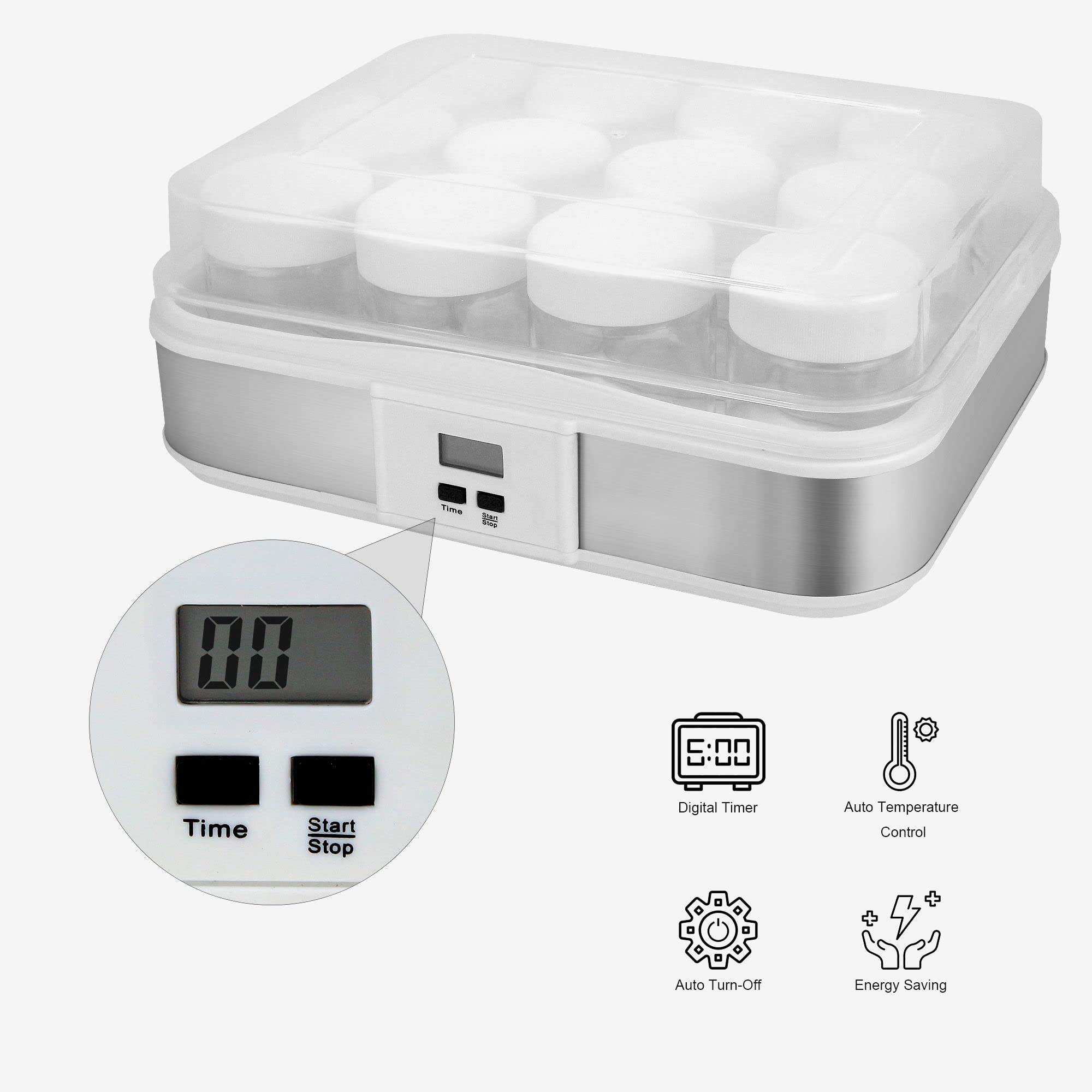 Leogreen - Yogurtiera, Macchina per yogurt naturale, 12 vasi, con timer, 30,6 x 25 x 12,4 cm, Bianco, Capacità per vaso: 0,21 L, Regolazione timer: 0-15 ore