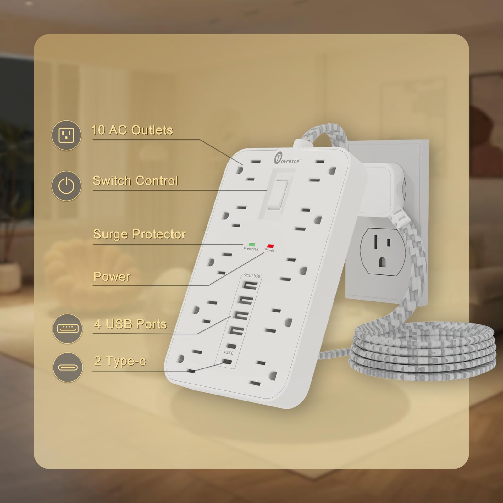 Overtop - Protector de sobretensión, cable de extensión trenzado de 5 pies, enchufe plano, 10 salidas ampliamente espaciadas con 6 puertos USB (2 USB C), estación de carga de computadora