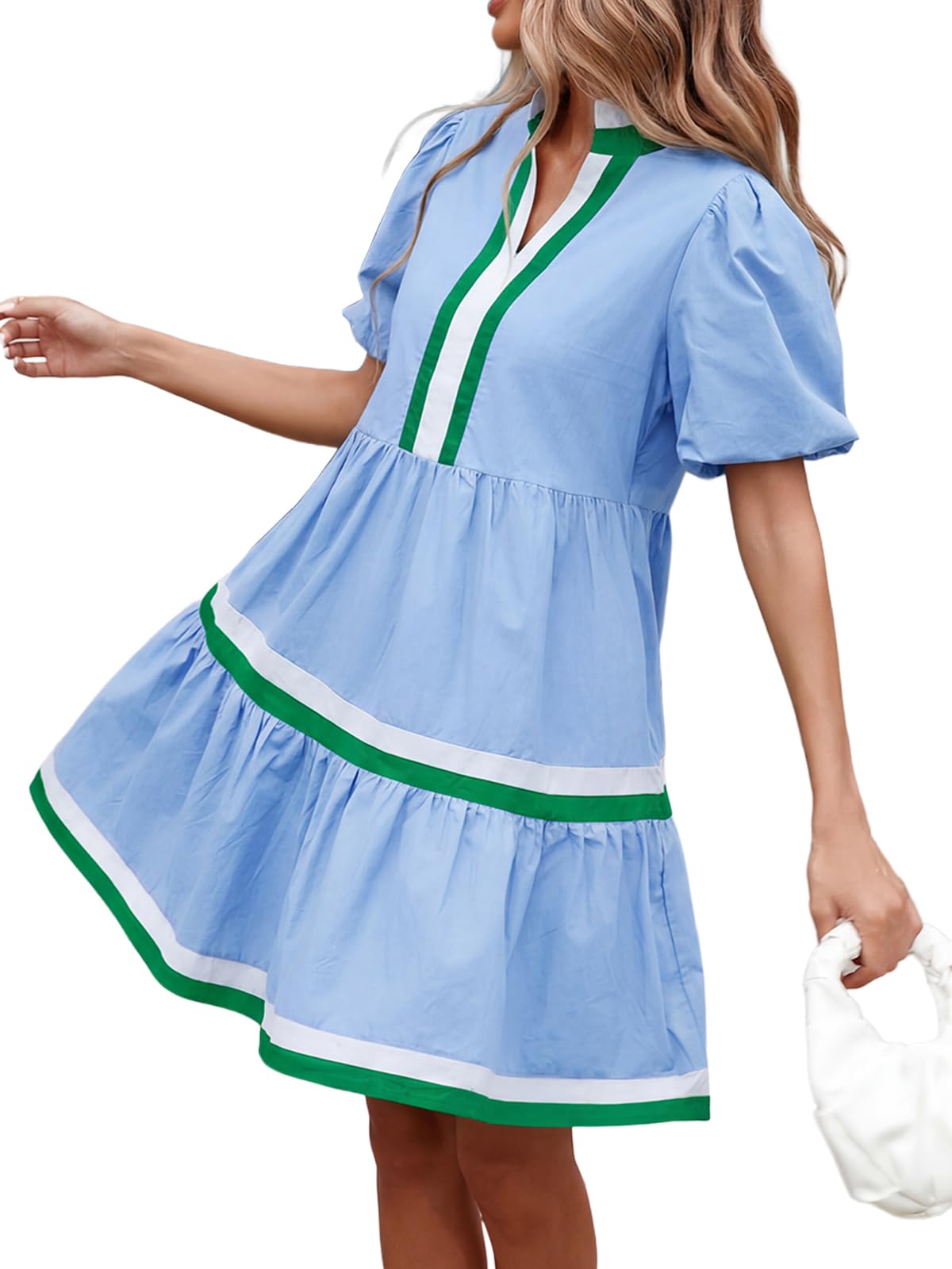 LifeShe Womens Puff Sleeve Babydoll Dress V Neck Navy Blue Striped Color Block Tiered Mini Dresses