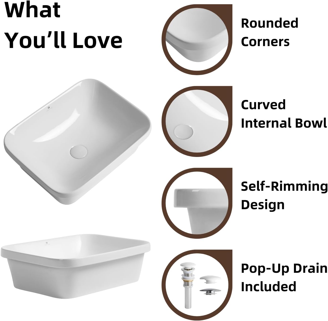 20"W x 15"D Semi Recessed Vessel Sink, Los Flexi 20 Inch White Ceramic Drop In Bathroom Sink Rectangle with Extra Pop-up Drain Kit, Modern Rectangular Basin for Vanity Countertop