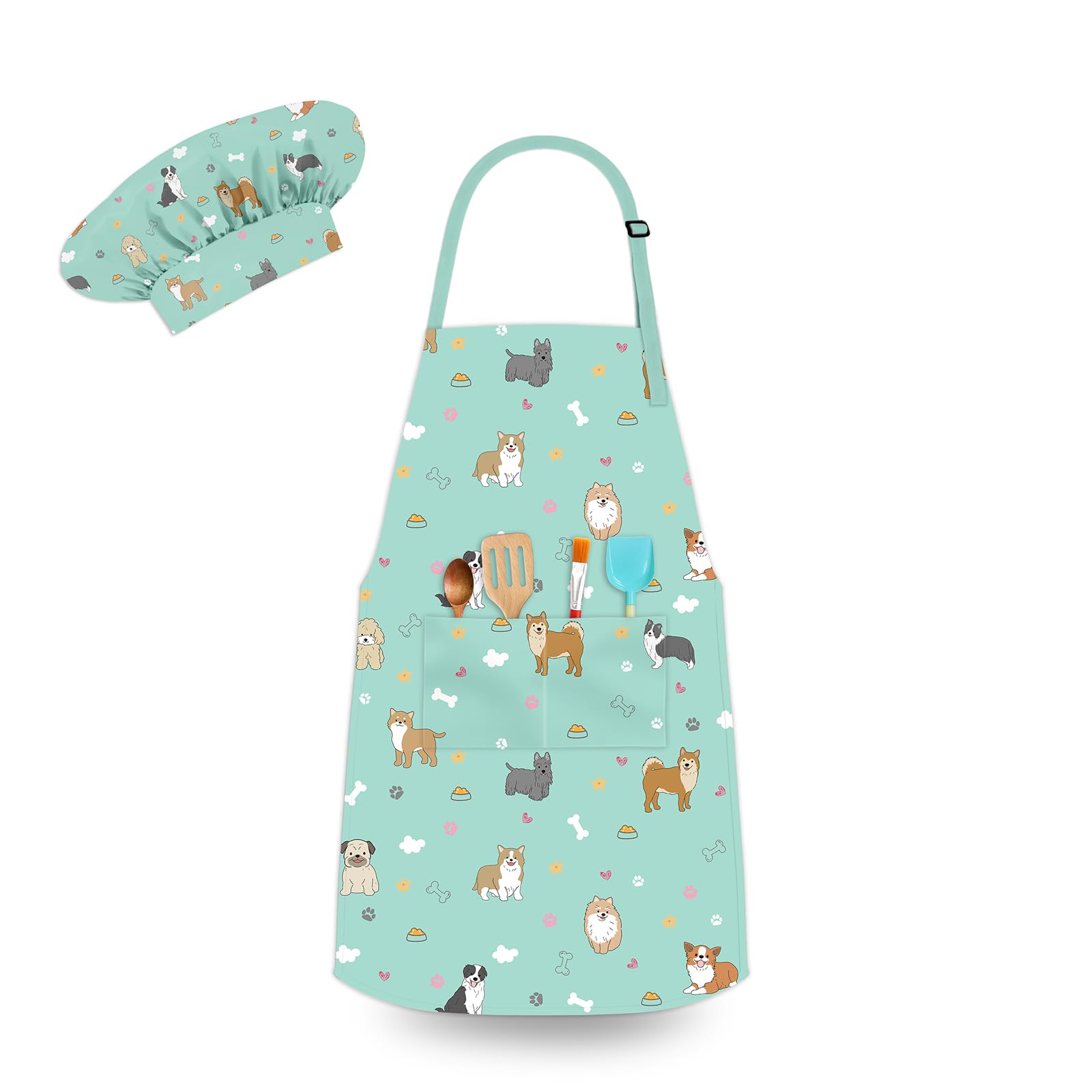 Kids Chef Hat and Apron, Adjustable Kids Aprons with Pocket Girls Boys Kitchen Toddler Aprons for Cooking Baking