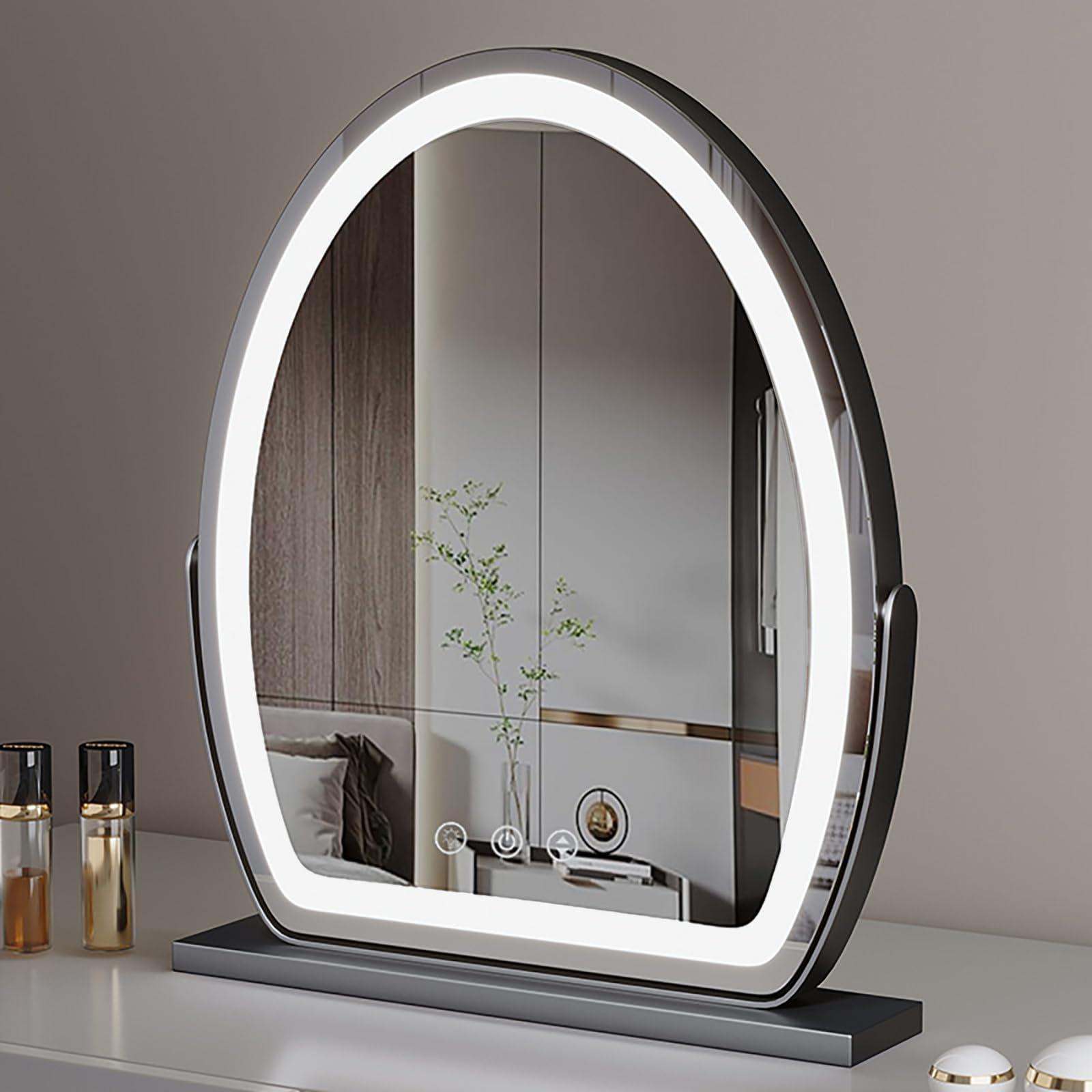 Obrotowe o 360° lustro kosmetyczne LED – lusterko do makijażu z ekranem dotykowym ze srebrnym wykończeniem, owalna konstrukcja, 50 x 58 cm, do profesjonalnego użytku kosmetycznego i osobistego