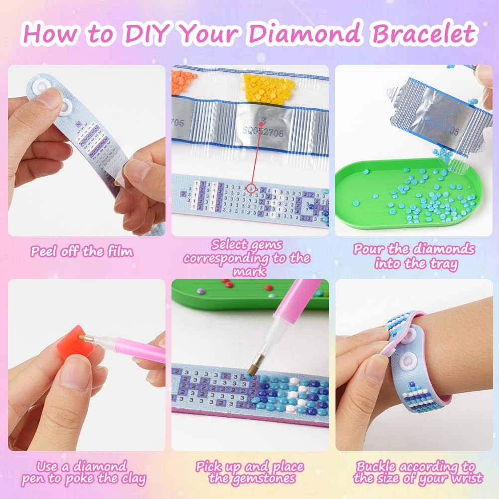 AUAUY 6 szt. 5D diamentowe bransoletki malarskie styl 1, Bransoletka z malowaniem diamentowym, 6 sztuk bransoletek z diamentami, regulowana bransoletka, sztuka i rzemiosło dla dzieci
