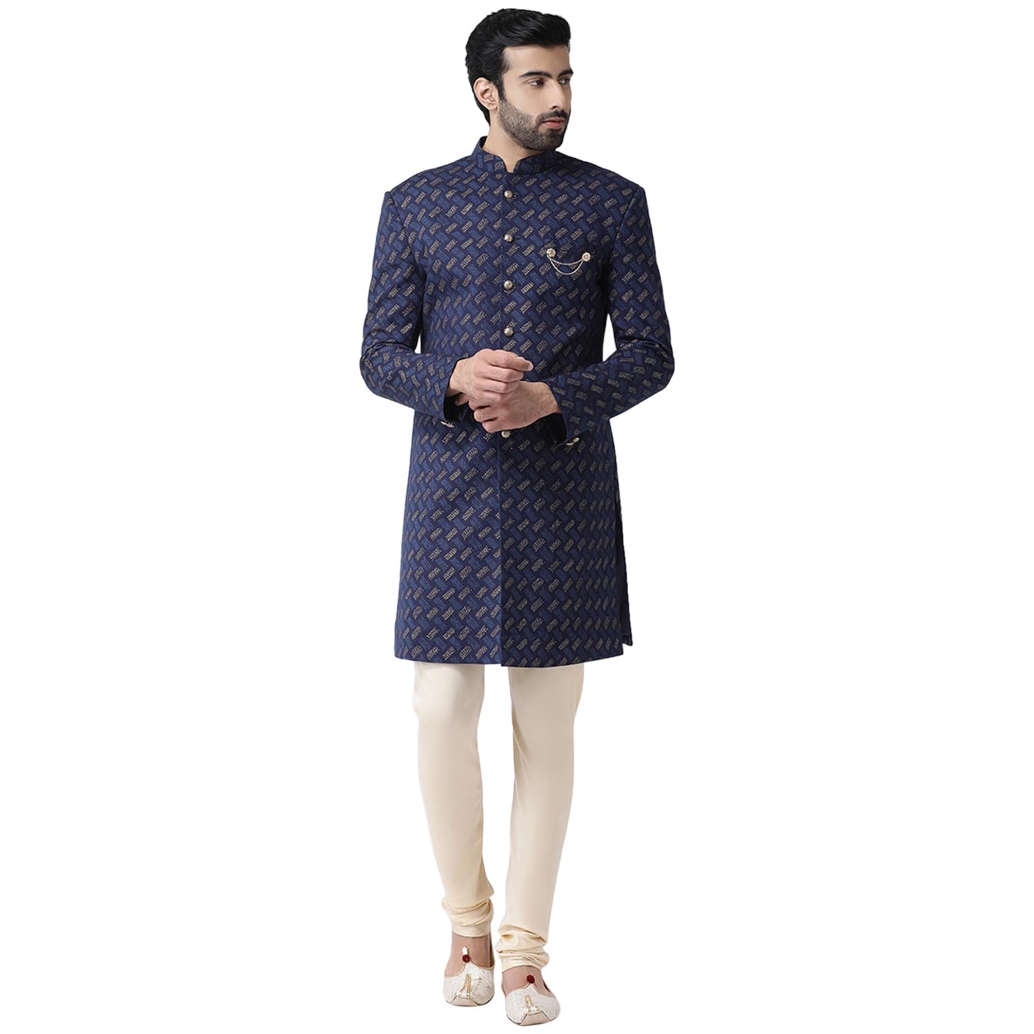 Kisah Men Azure Handloom Woven Design Sherwani, Indo-Western Full Sleaves, Knee Length, Straight, Regular Fit, Mandarin Collar Ethnic Casual Wear