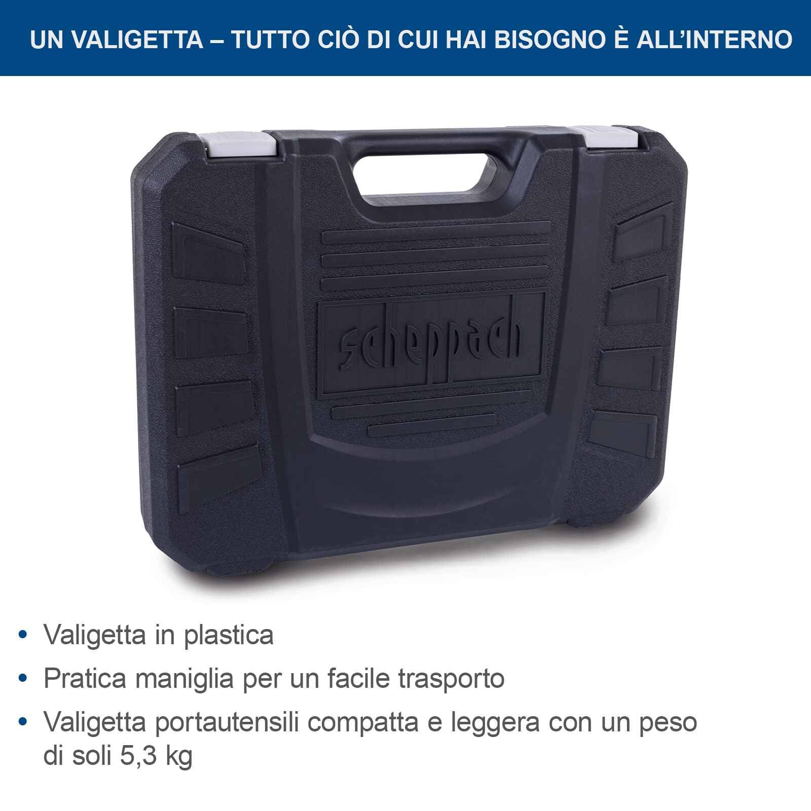 Scheppach cassetta degli attrezzi WZK120 | Set di utensili da 97pezzi in una robusta valigetta in plastica | Utensili con impugnatura gommata | Inserti bit, cacciaviti bussole esagonali e molto altro.