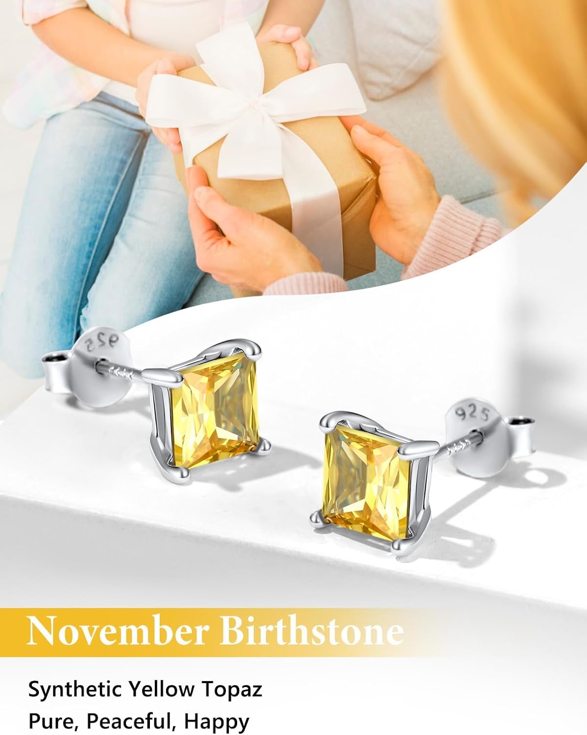 Silvora Birthstone Stud Earrings - S925 Silver, 6mm Princess Cut Citrine Gemstone, November Yellow Topaz Birthstone Stud Earrings