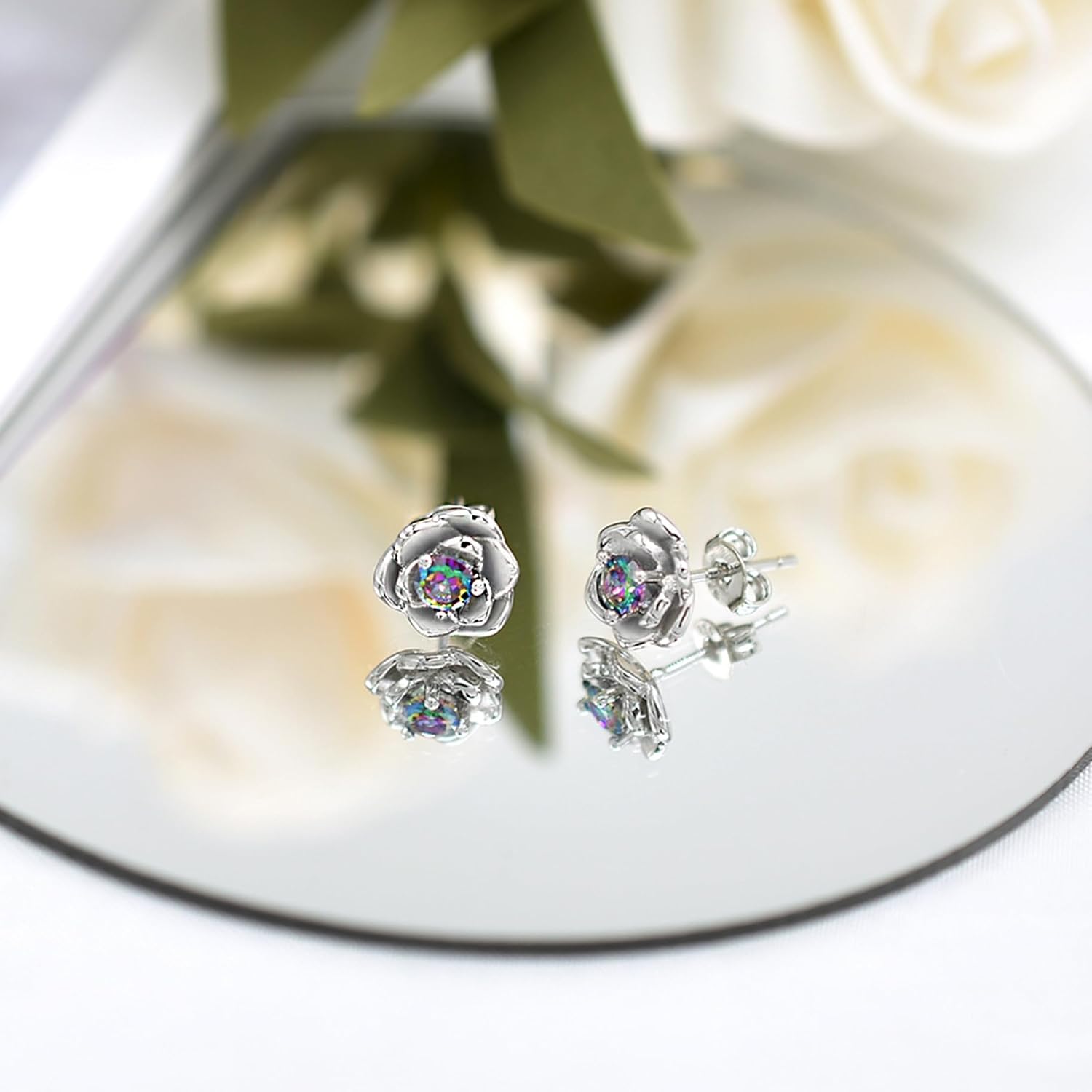 3D Rose Earrings For Women Sterling Silver Cubic Zirconia Rose Flower Stud Earring Rainbow Multicolor Hypoallergenic Ear Jewelry Gifts For Girlfriend Mother Wife Birthday - Image 3