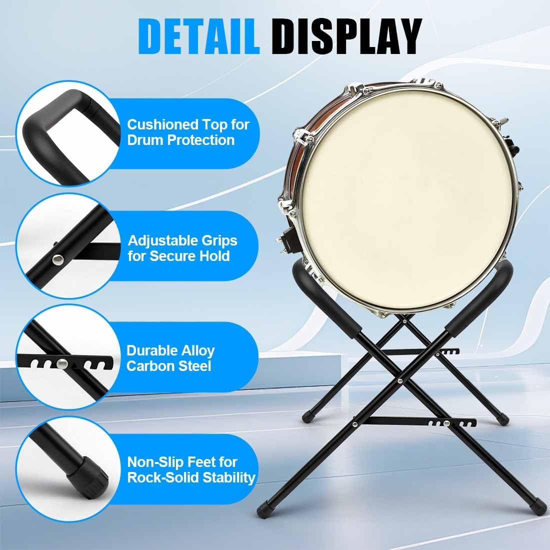 Ecliptica Adjustable Multi-Fit Folding Bass Drum Stand, Heavy-Duty 21" Steel Bass Drum Legs Rack with Thick Rubber Pads Riser for Large Drums for Band & Orchestral Performances