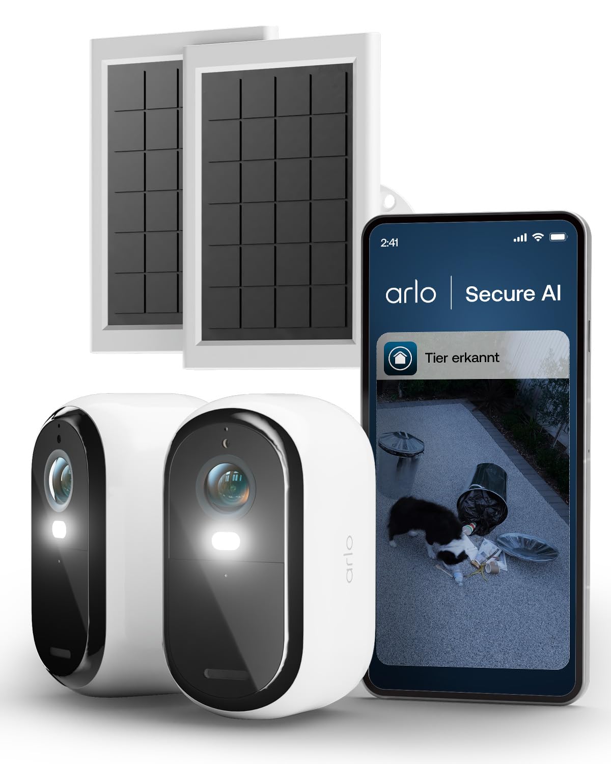 Arlo Essential 3 HD Überwachungskamera Aussen WLAN & 2 Solar Panel, Kabellos, 1080p Video, Farbnachtsicht, Licht, Bewegungsmelder, Sirene, 2-Wege Audio, Smart Home & Secure Plan Testzeitraum, 2er Set