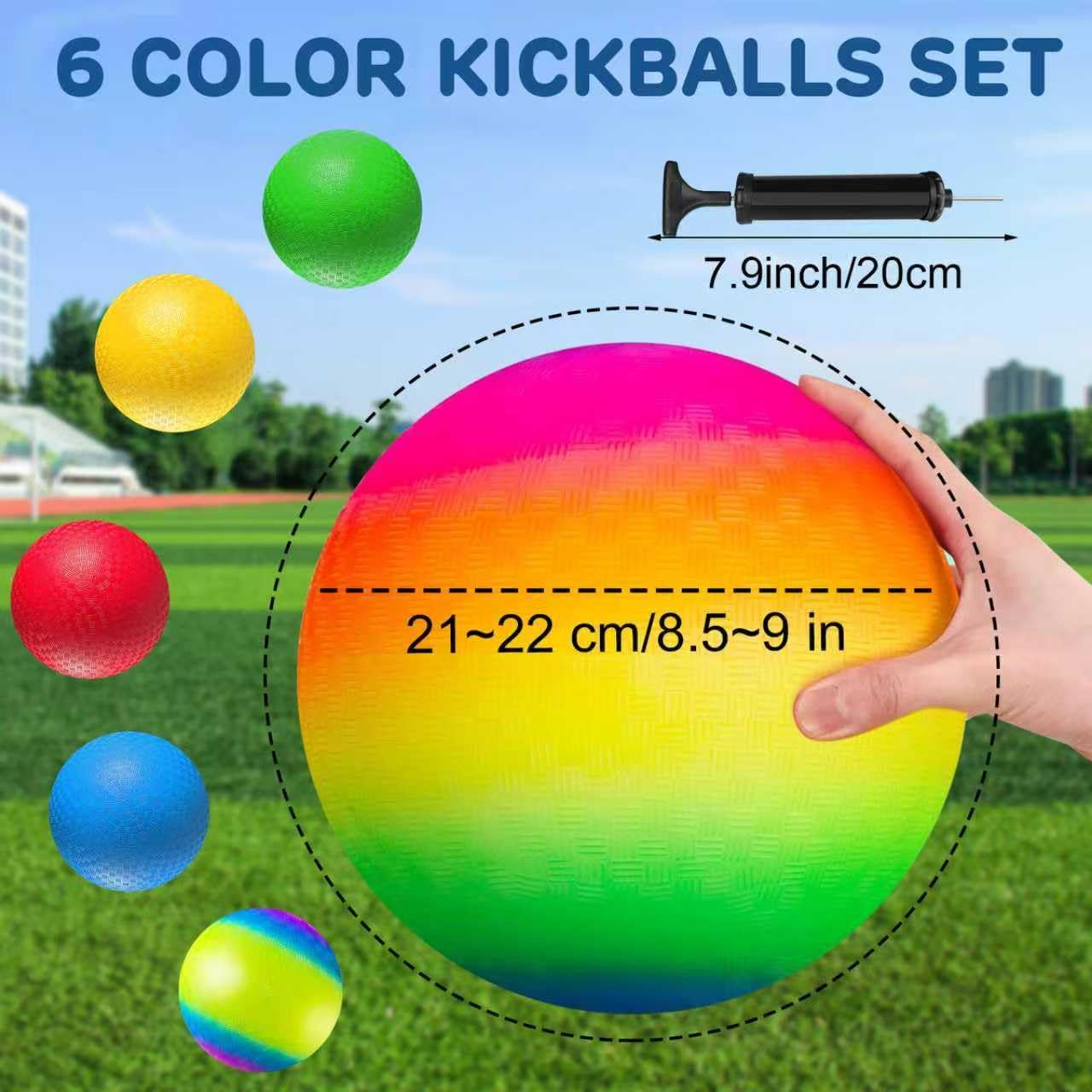 8.5 Inch Playground Balls Dodgeballs for Kids & Adults, Pack of 6 – Inflatable Colorful Rubber Kickball with Ball Pump and Net Bag