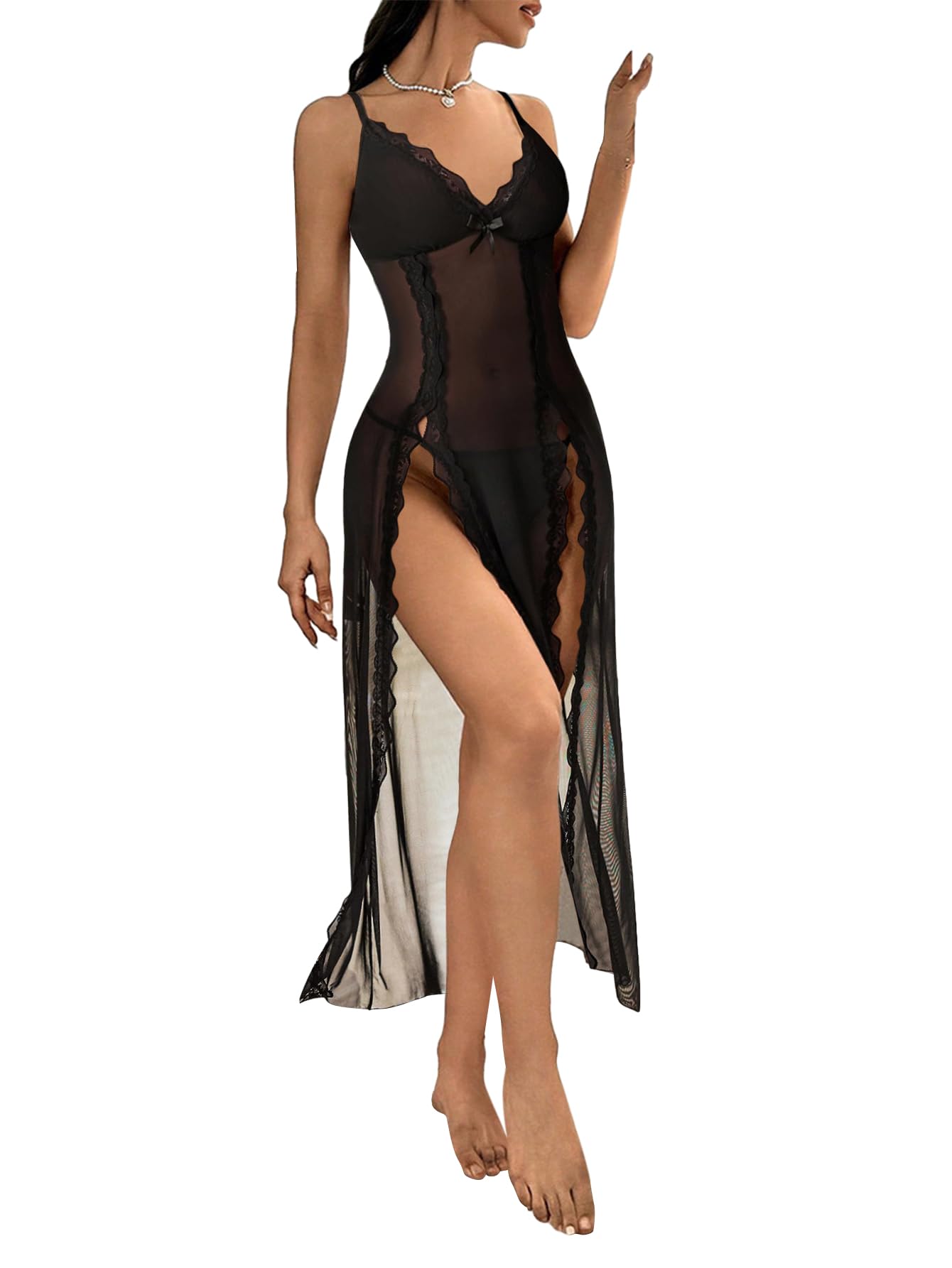Sexy Side Split Long Floral Lace Sheer Dress Lingerie Nightgowns One Piece