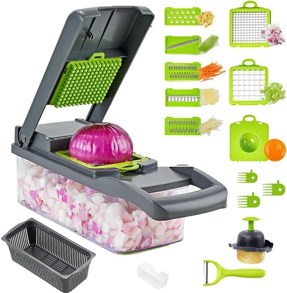 Dimitra 14 in 1 Multipurpose Chopper, Fruits & Vegetable Cutters, Grater Peeler Chipser, Unbreakable Food Grade Body, Easy Push to Clean Button Slicer Dicer, Chopper for Kitchen-image-4